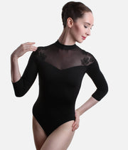 Calista Floral 3/4 Sleeve Dance Leotard, High Neck & Embroidered Mesh - L60001