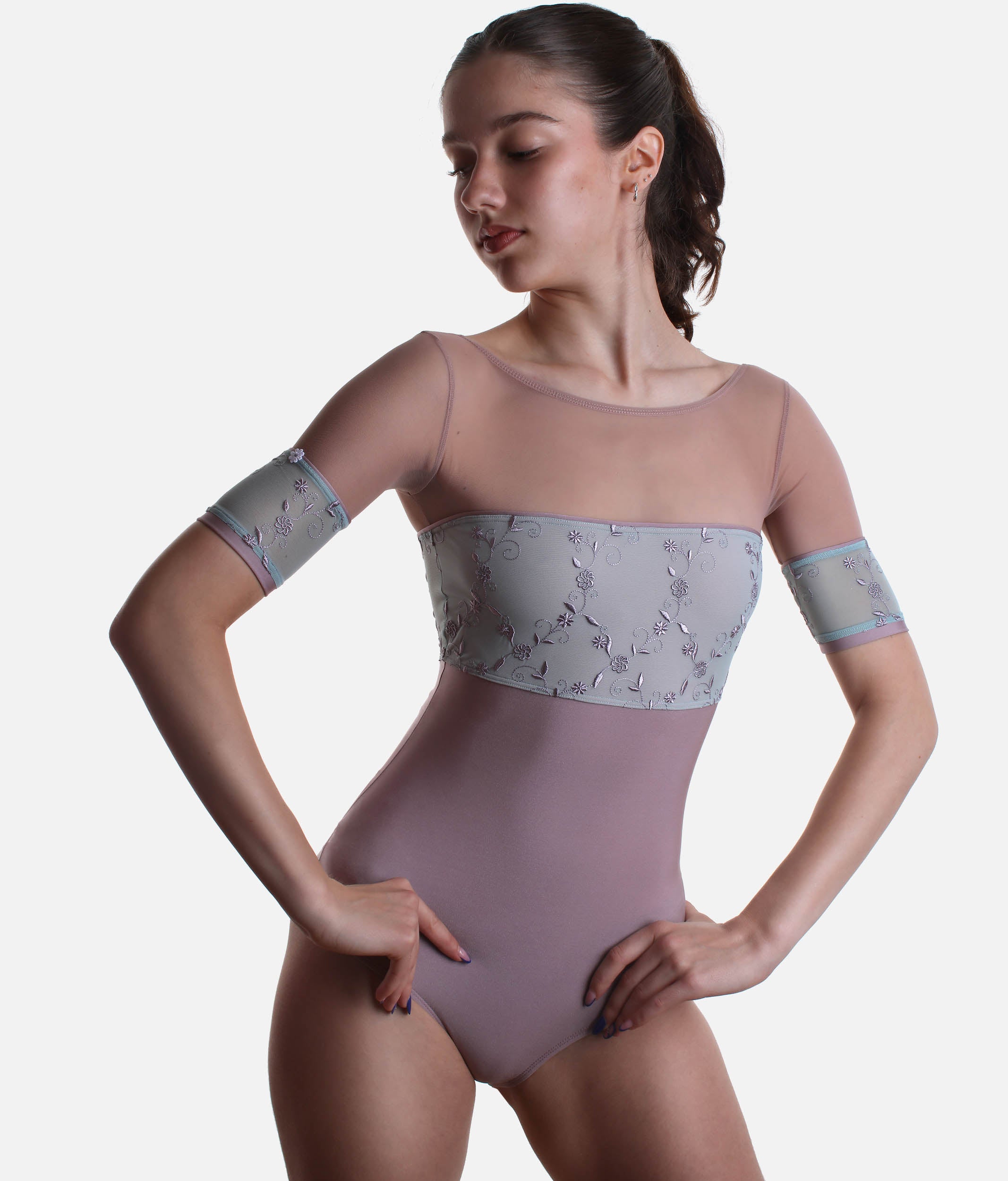 Classic Ballet Leotard with Embroidered Tulle & Mesh Sleeves - MINERVA GL ALCHIMIA