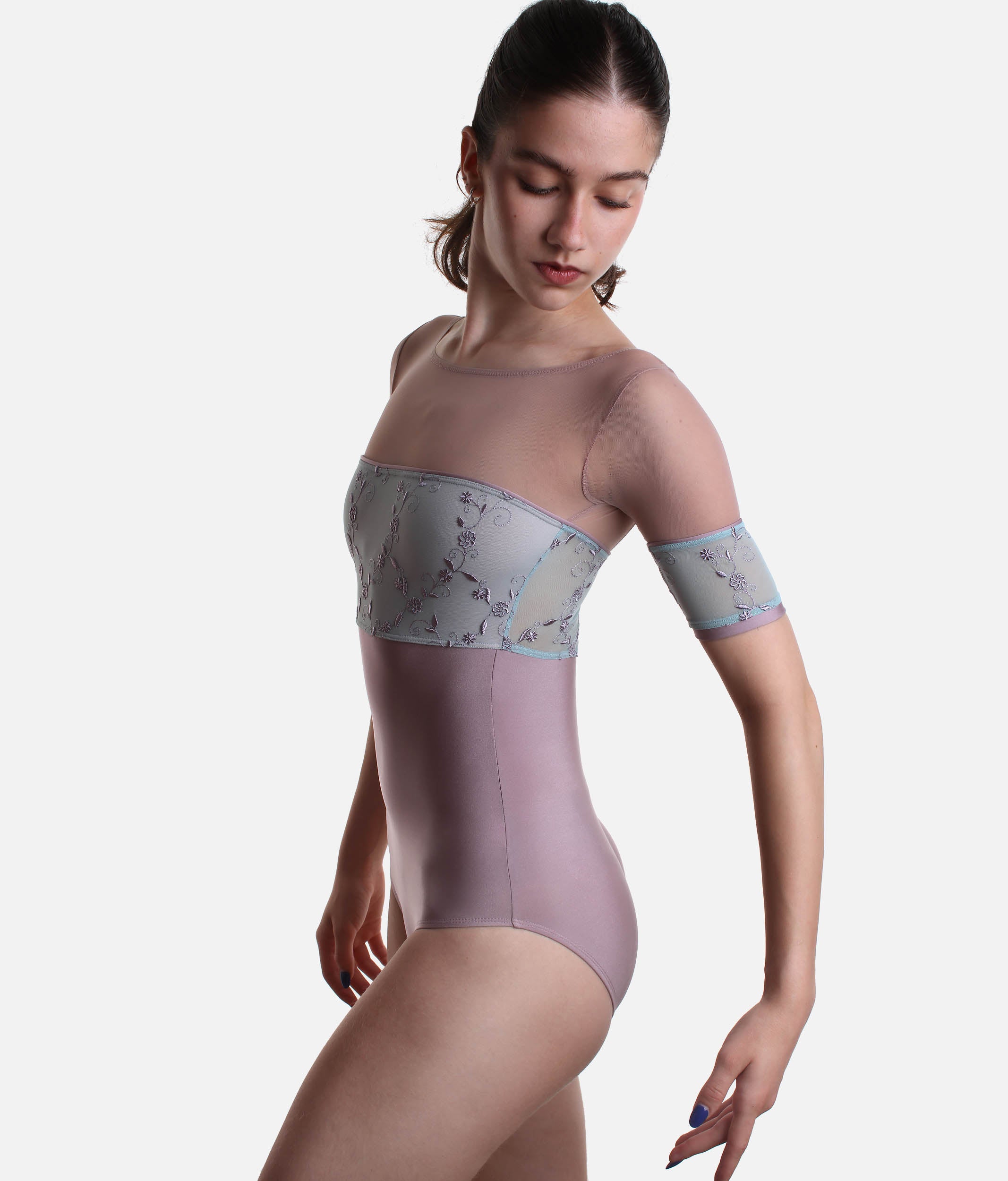 Classic Ballet Leotard with Embroidered Tulle & Mesh Sleeves - MINERVA GL ALCHIMIA