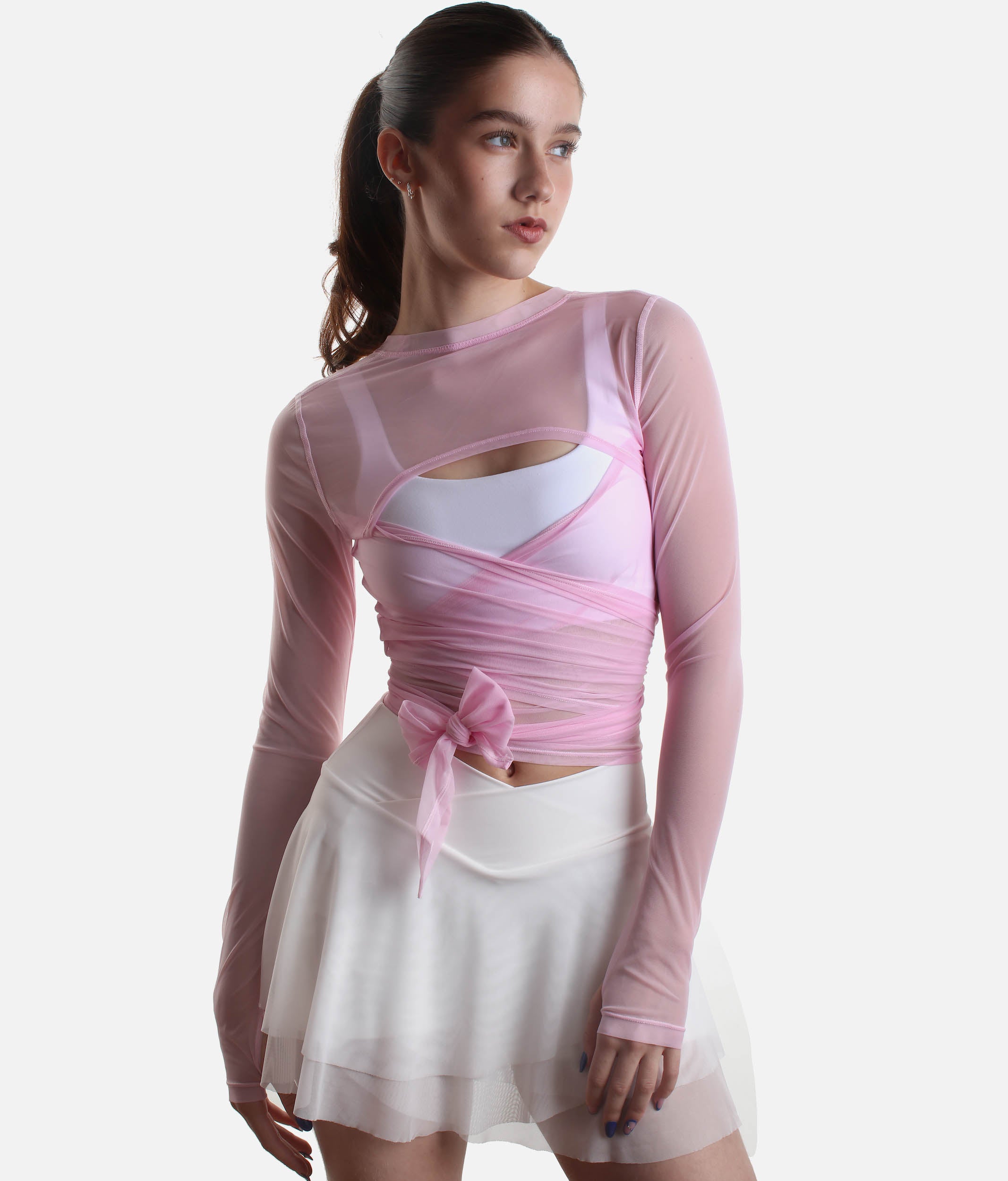 Bow Back Long Sleeve Mesh Top - Reversible Front-to-back Design