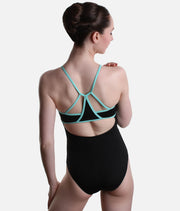 Cami Strap Leotard, Aqua Trim & Open Back – BY04