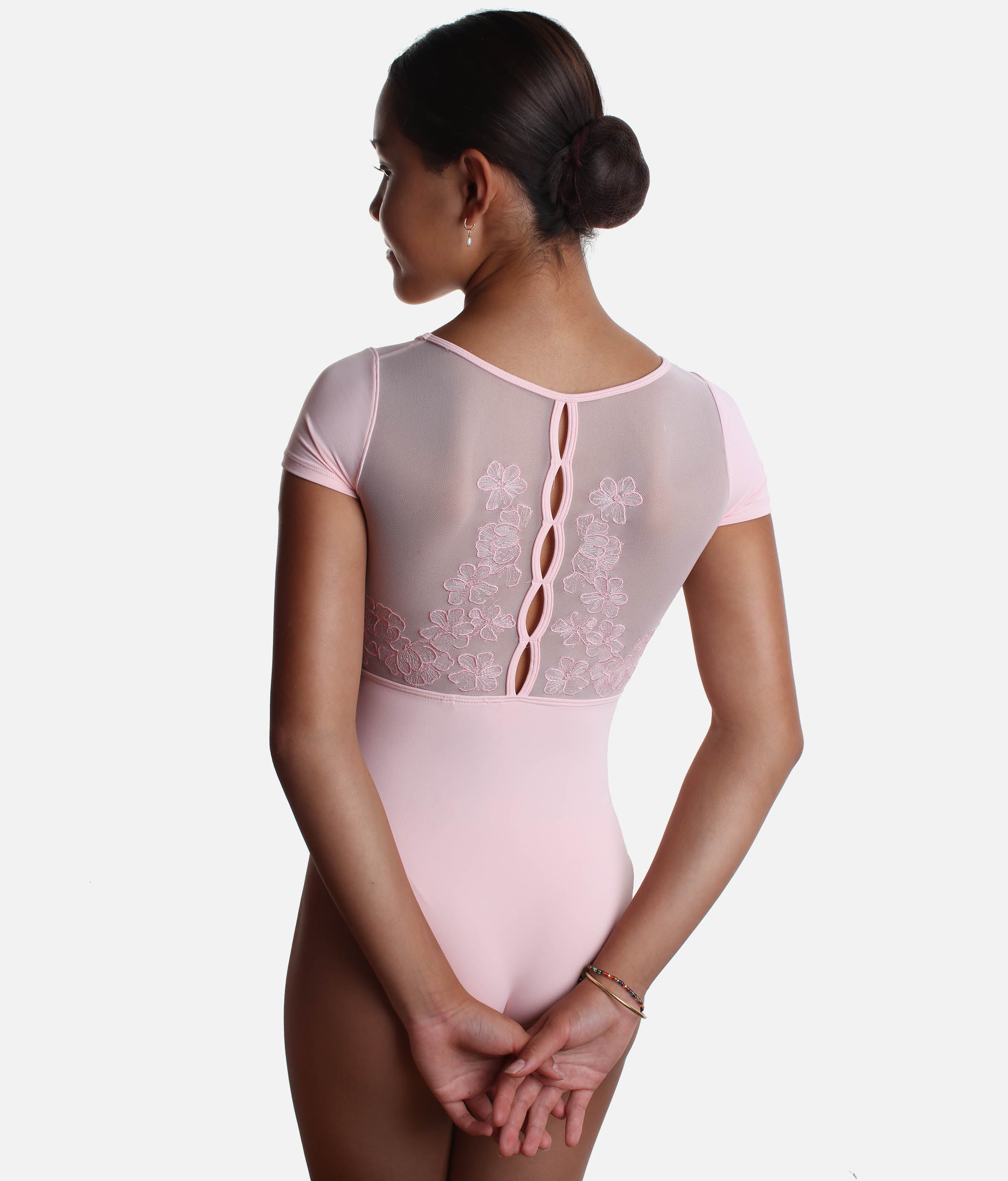 Girls Mei Cap Sleeve Leotard, Sweetheart Neck & Floral Mesh Back - CL20003