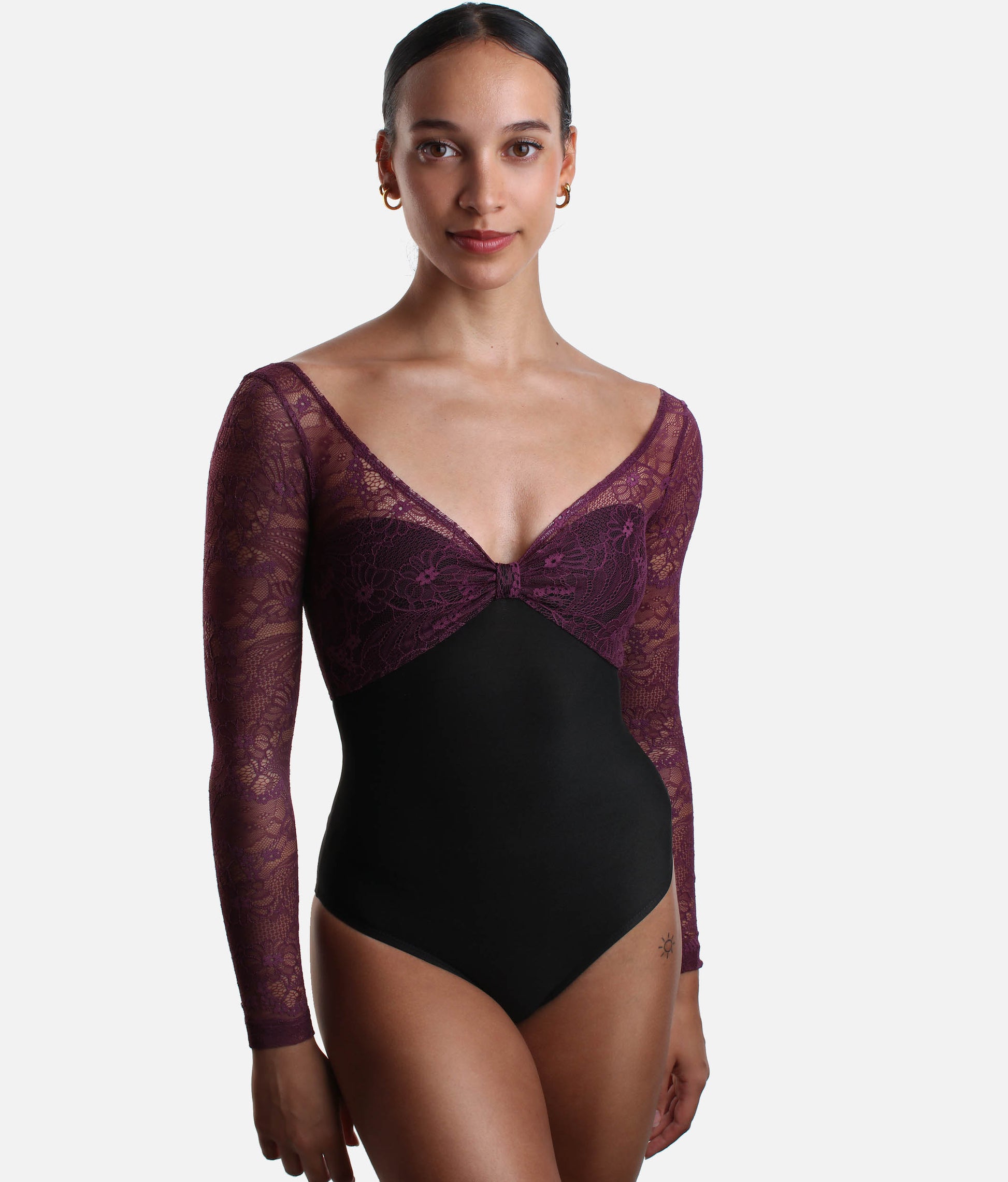 Professional Ballet Leotard with Long Lace Sleeves, Low Back - VENERE DI NERO