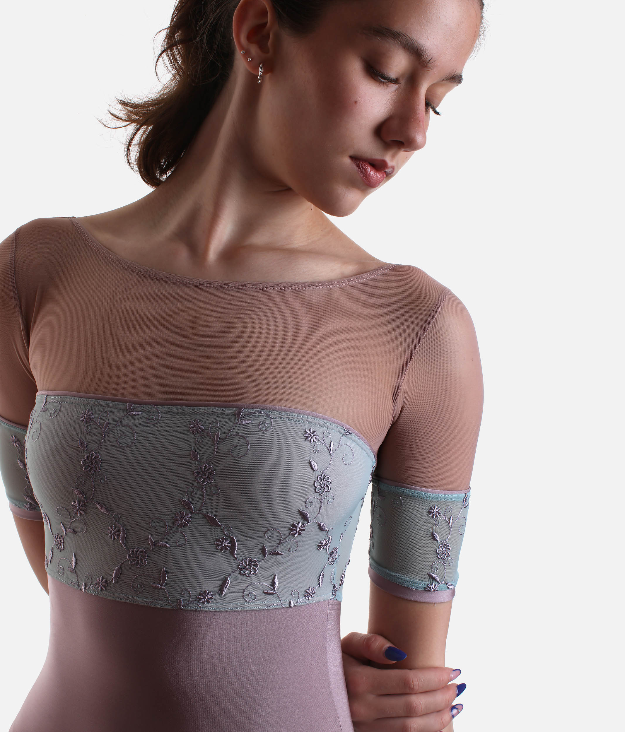 Classic Ballet Leotard with Embroidered Tulle & Mesh Sleeves - MINERVA GL ALCHIMIA