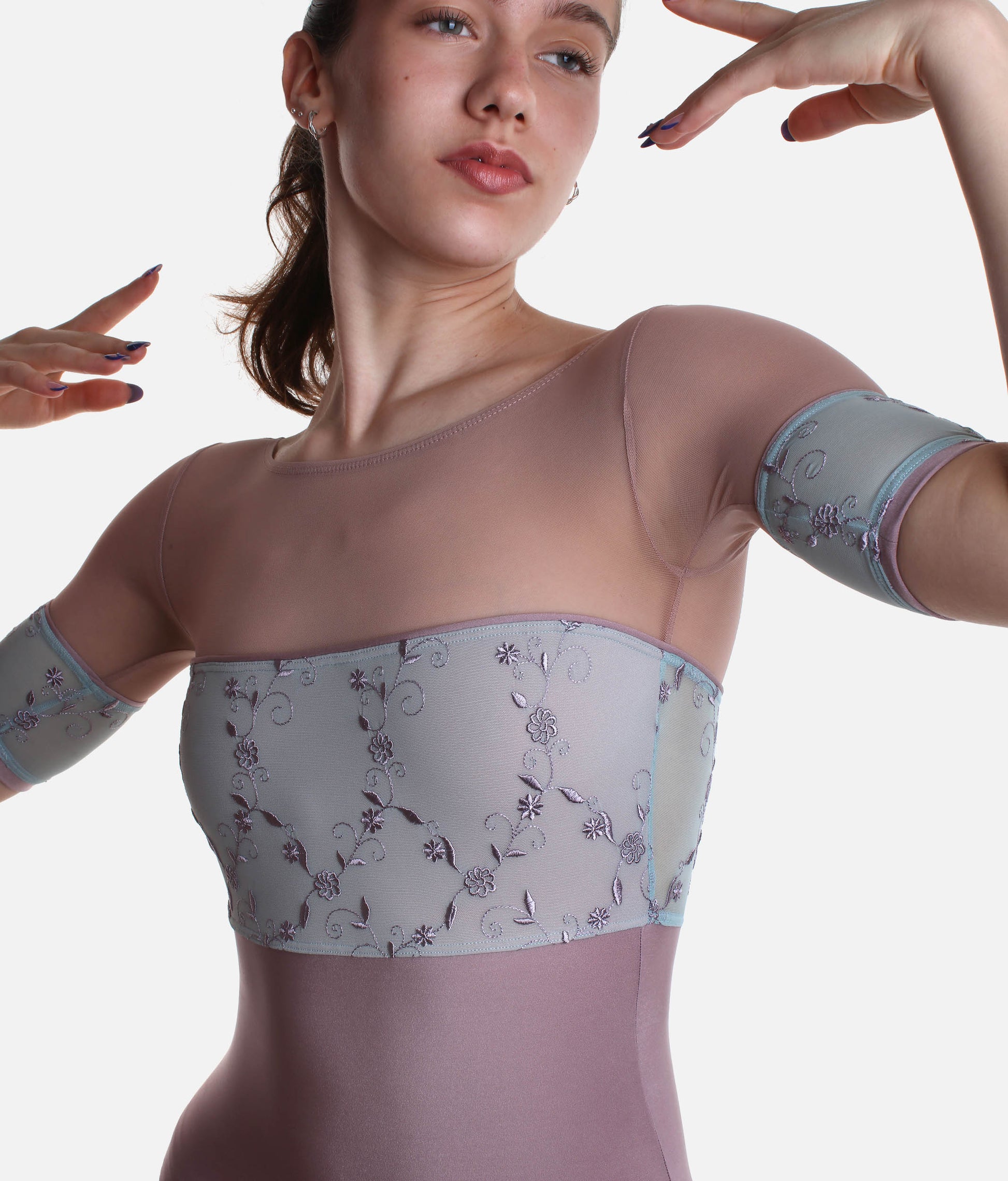 Classic Ballet Leotard with Embroidered Tulle & Mesh Sleeves - MINERVA GL ALCHIMIA