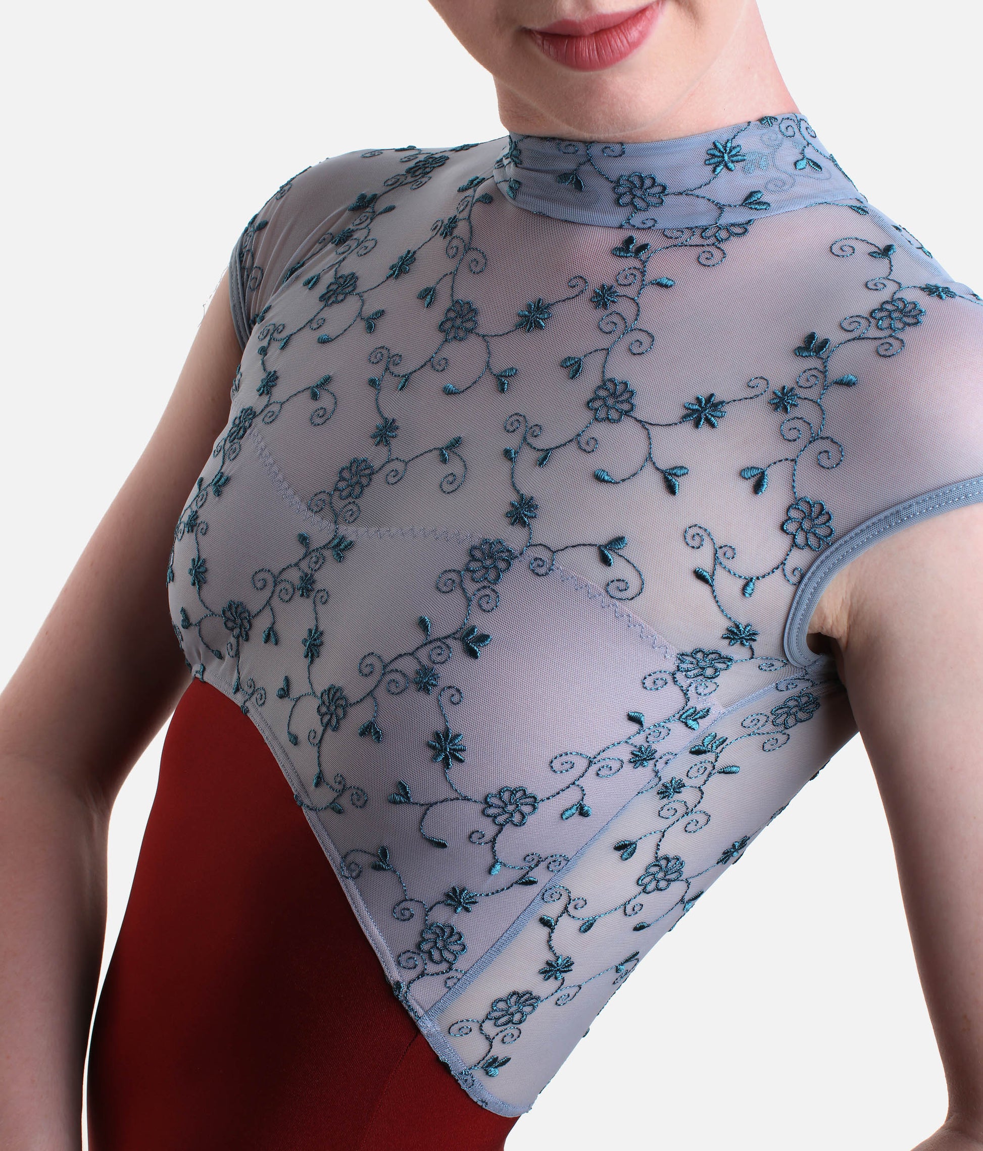 High Neckline Ballet Leotard, Cap Sleeves & Floral Design - SELENE DI BORDEAUX