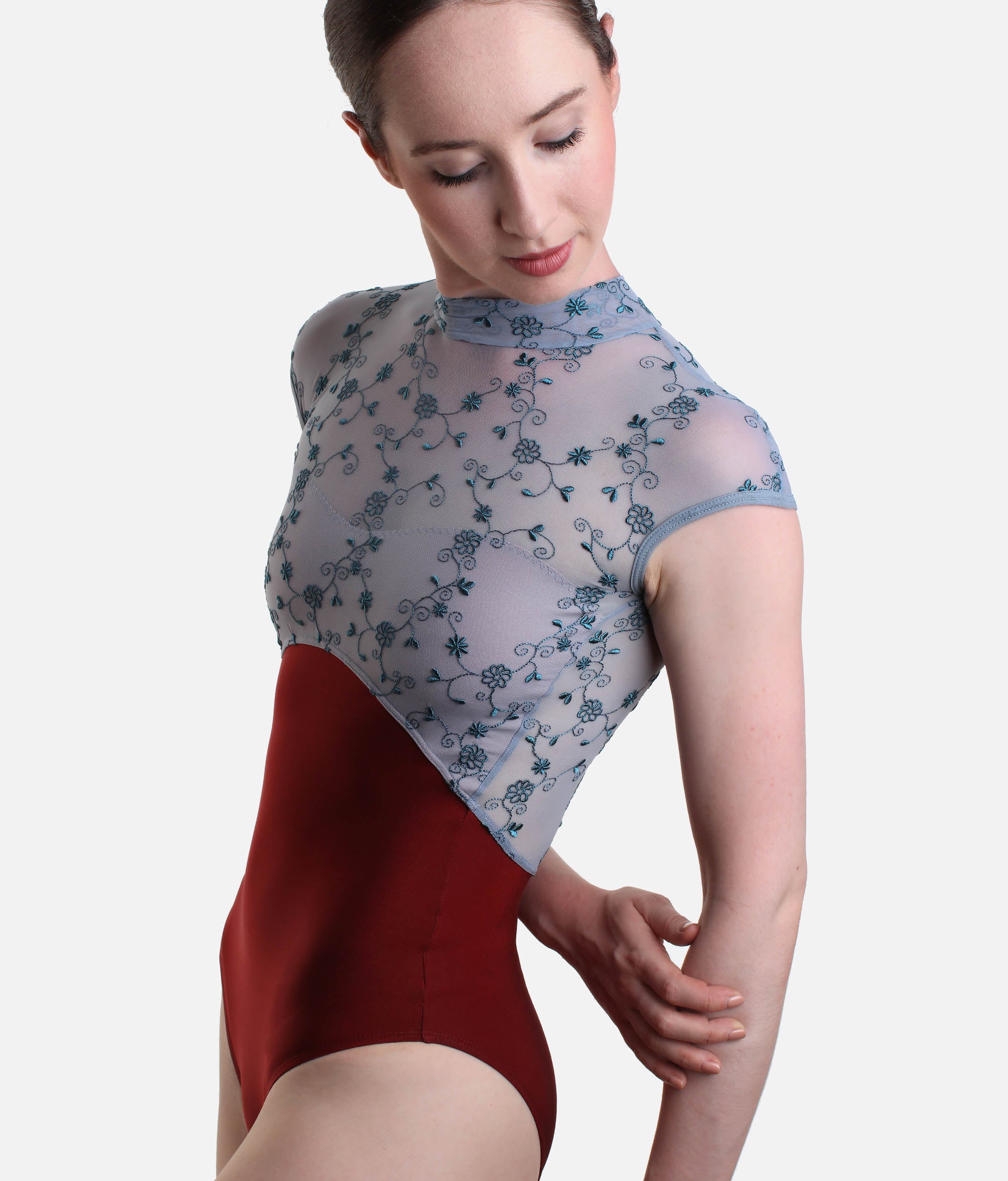 High Neckline Ballet Leotard, Cap Sleeves & Floral Design - SELENE DI BORDEAUX