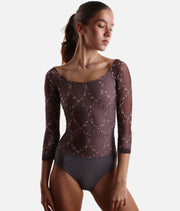Long Sleeve Dance Leotard with V-Back, Sheer Embroidery - TACITA DI MAGNETTE