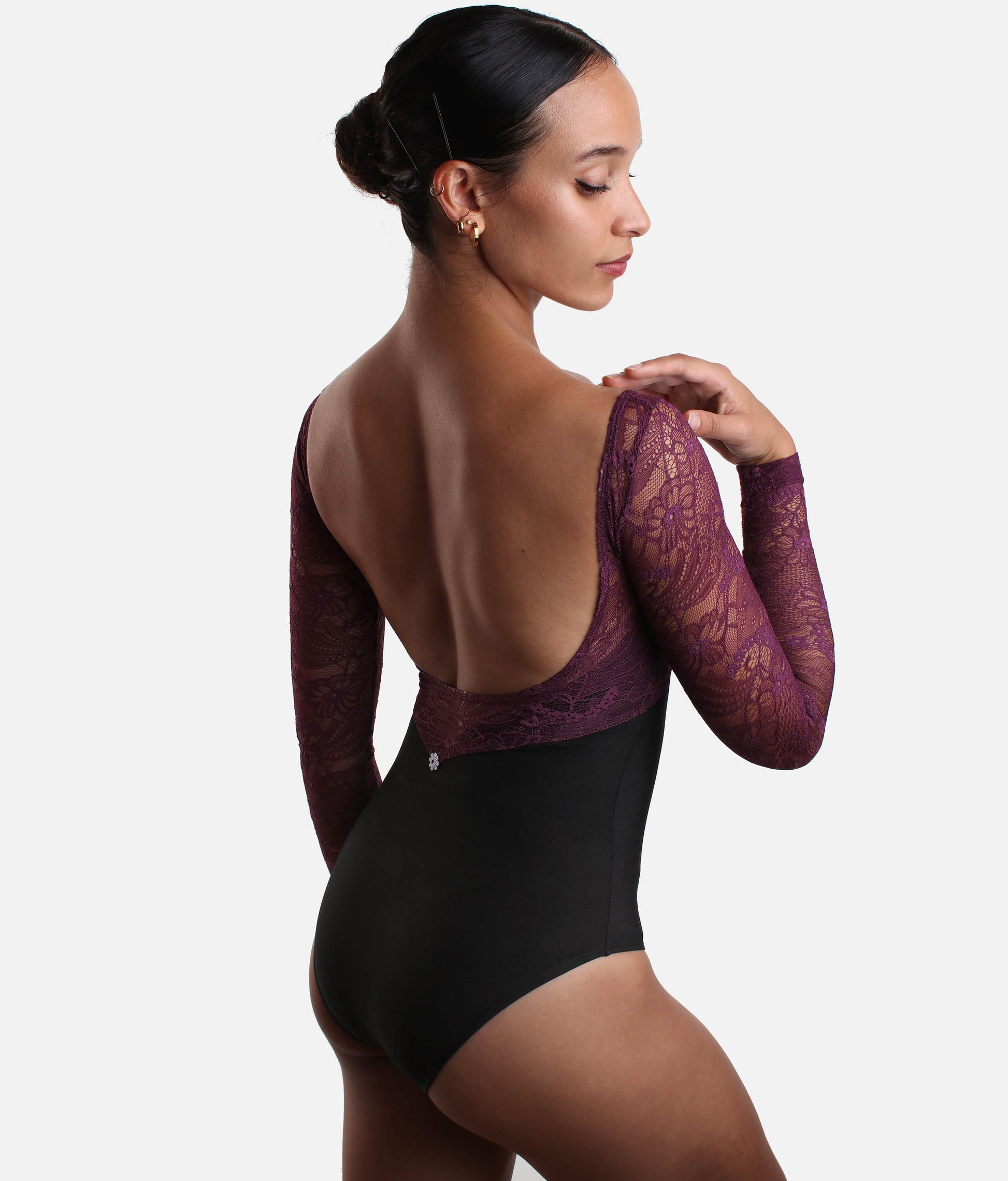 Professional Ballet Leotard with Long Lace Sleeves, Low Back - VENERE DI NERO