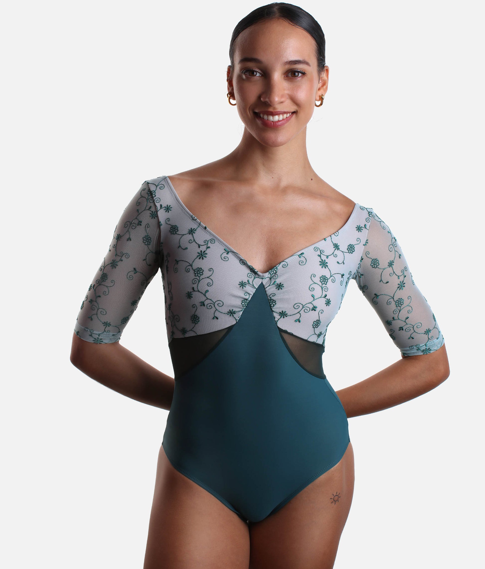 Three-quarter Sleeves Dance Leotard with Tulle Inserts - VESTA DI PAVONE