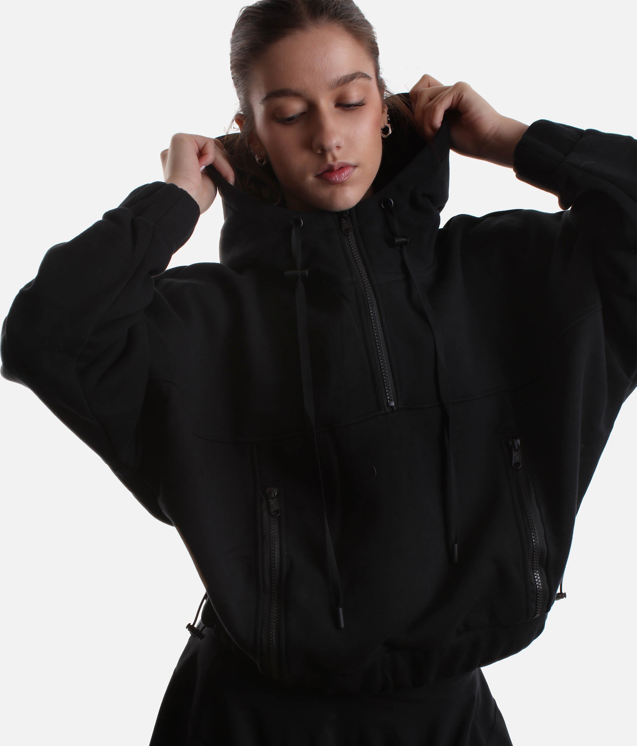 HALF ZIP HOODIE - Oversized Fit, Dramatic Sleeves & Adjustable Hem