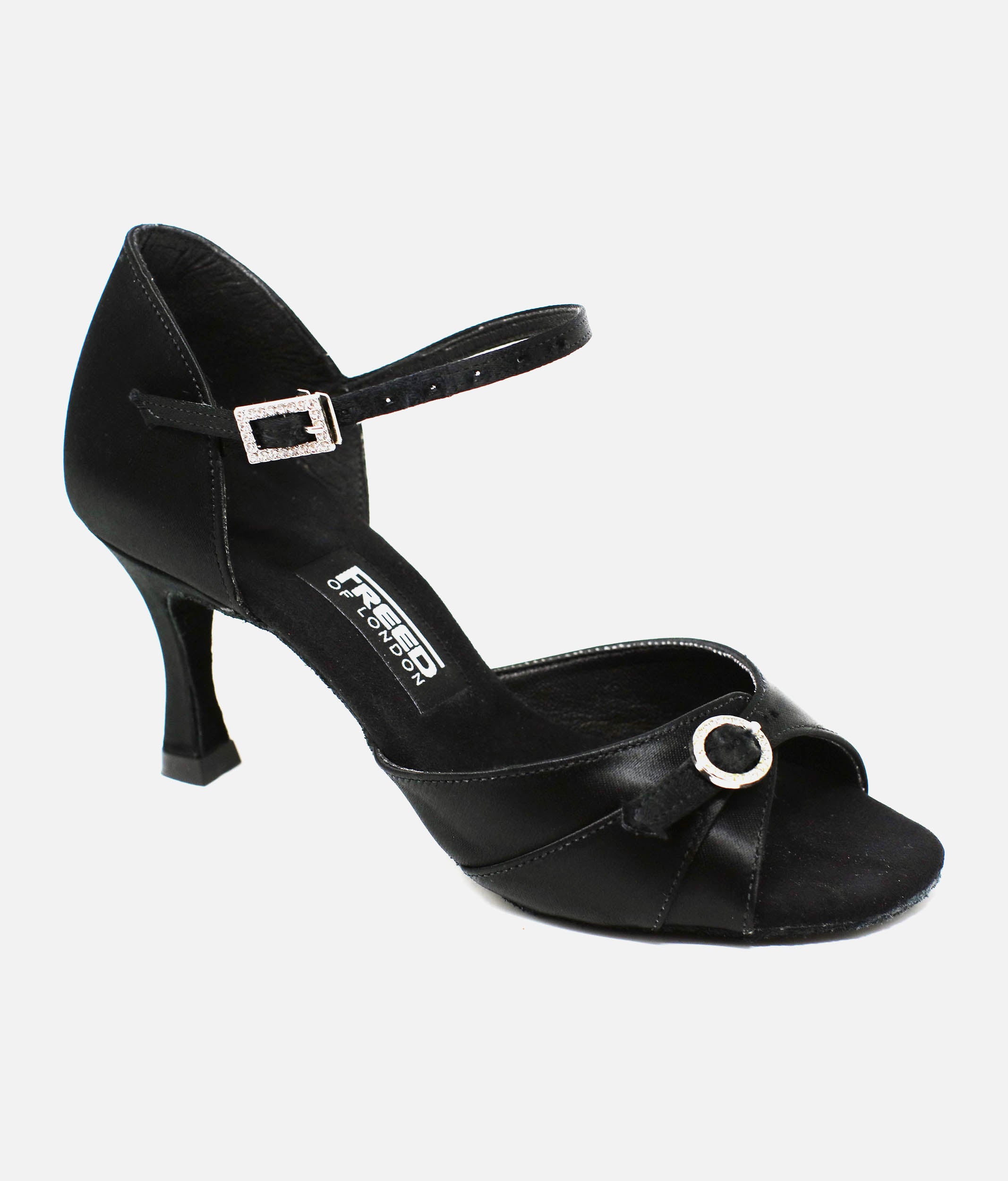 Black Satin Latin Dance Shoes with Open Toe, Diamante Buckle - LEONA