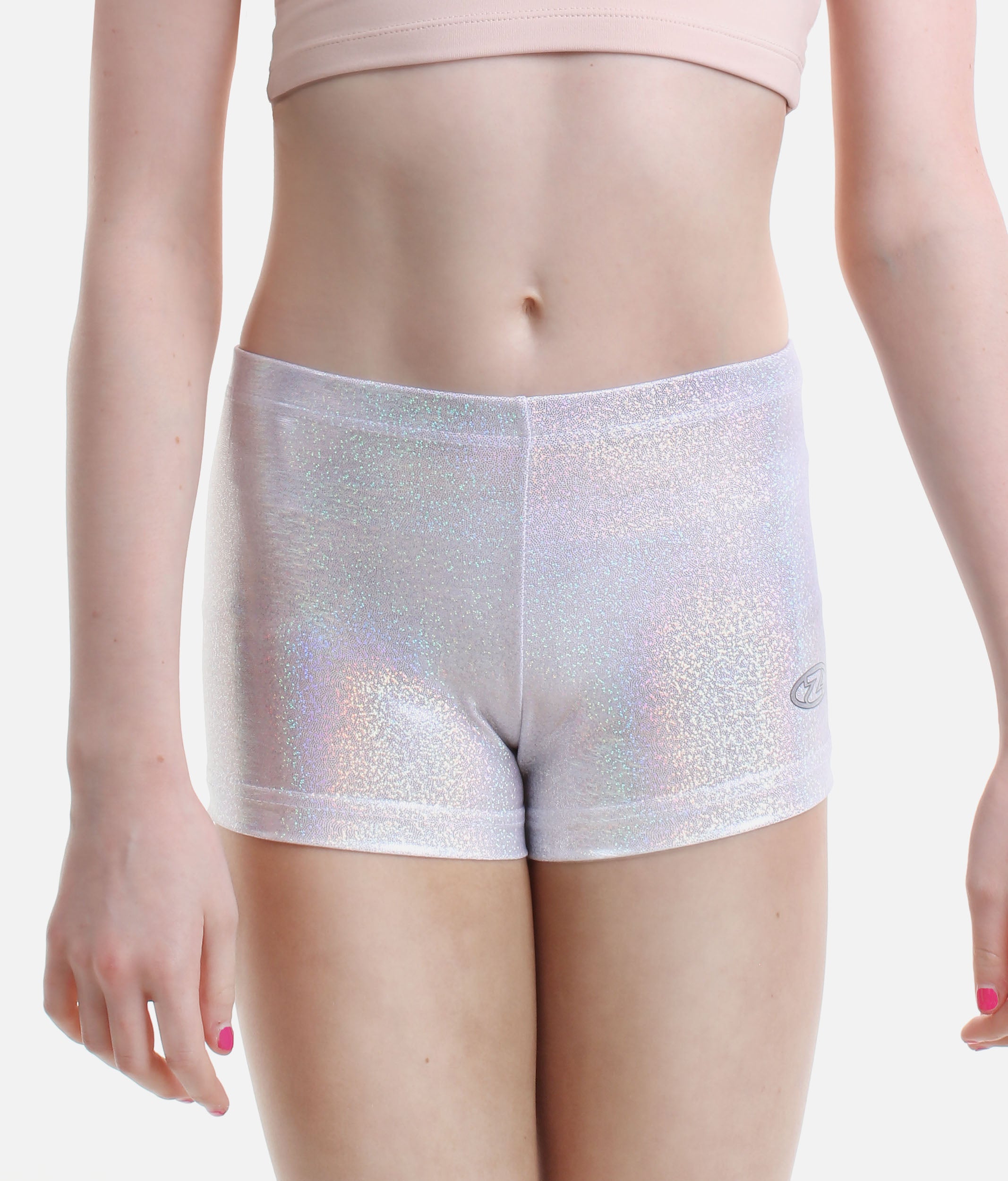 Girl's Silver Gymnastics Shorts, Metallic Lycra - Z2000