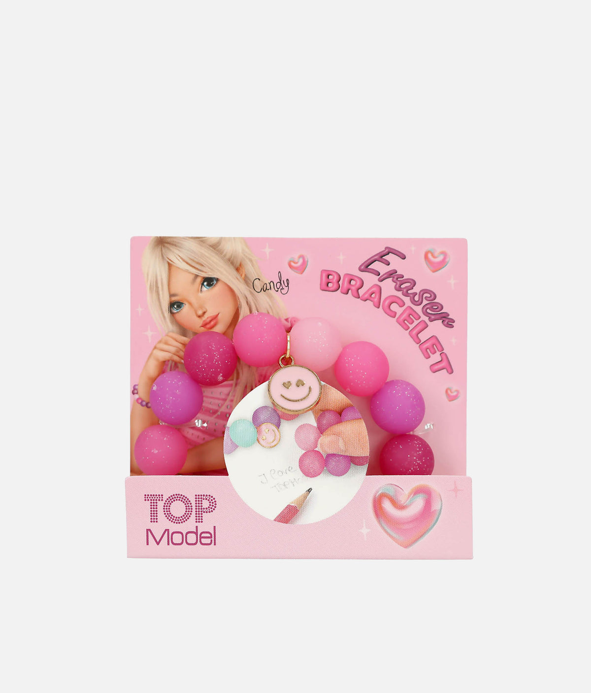 A pink and purple beaded eraser bracelet with a smiley face charm, displayed in its original pink packaging box featuring a doll model.