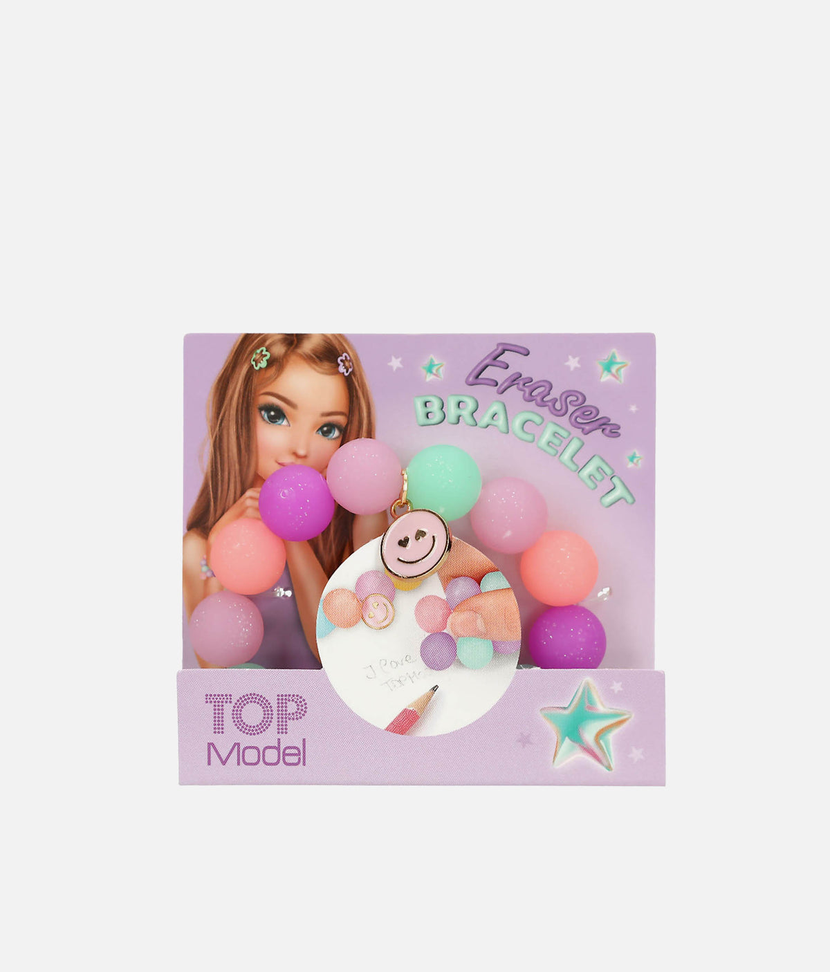 A children's pastel-colored beaded bracelet displayed on its lavender packaging card, which features a cartoon girl and the text 'Easter Bracelet' and 'Top Model'.