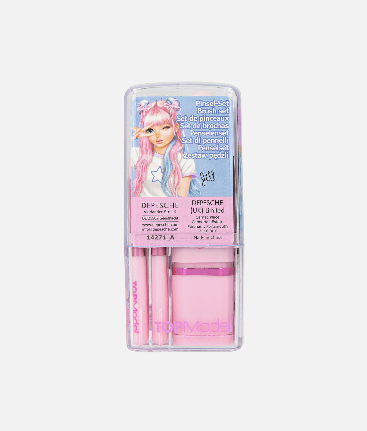 A pink makeup brush set in a clear plastic case with a printed insert card featuring a pastel anime-style illustration. The set includes two brushes and a small pink container, branded TOMTOM and DEPESCHE (UK) Limited.