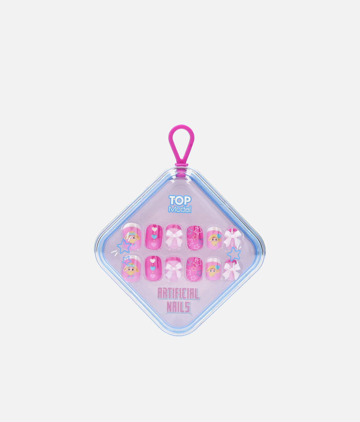 A diamond-shaped clear plastic case containing 12 pink artificial press-on nails with various designs including bows, stars, and cartoon faces, featuring a pink loop at the top. The brand 'TOP Model' is visible on the case.