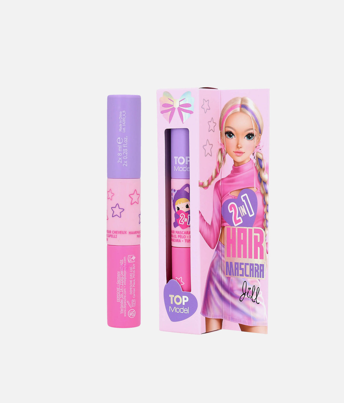 A pink and purple cosmetic mascara tube standing next to its illustrated retail box on a light gray background. The packaging features a cartoon doll with braided hair and the text '2 in 1 HAIR MASCARA' and 'TOP Model'.