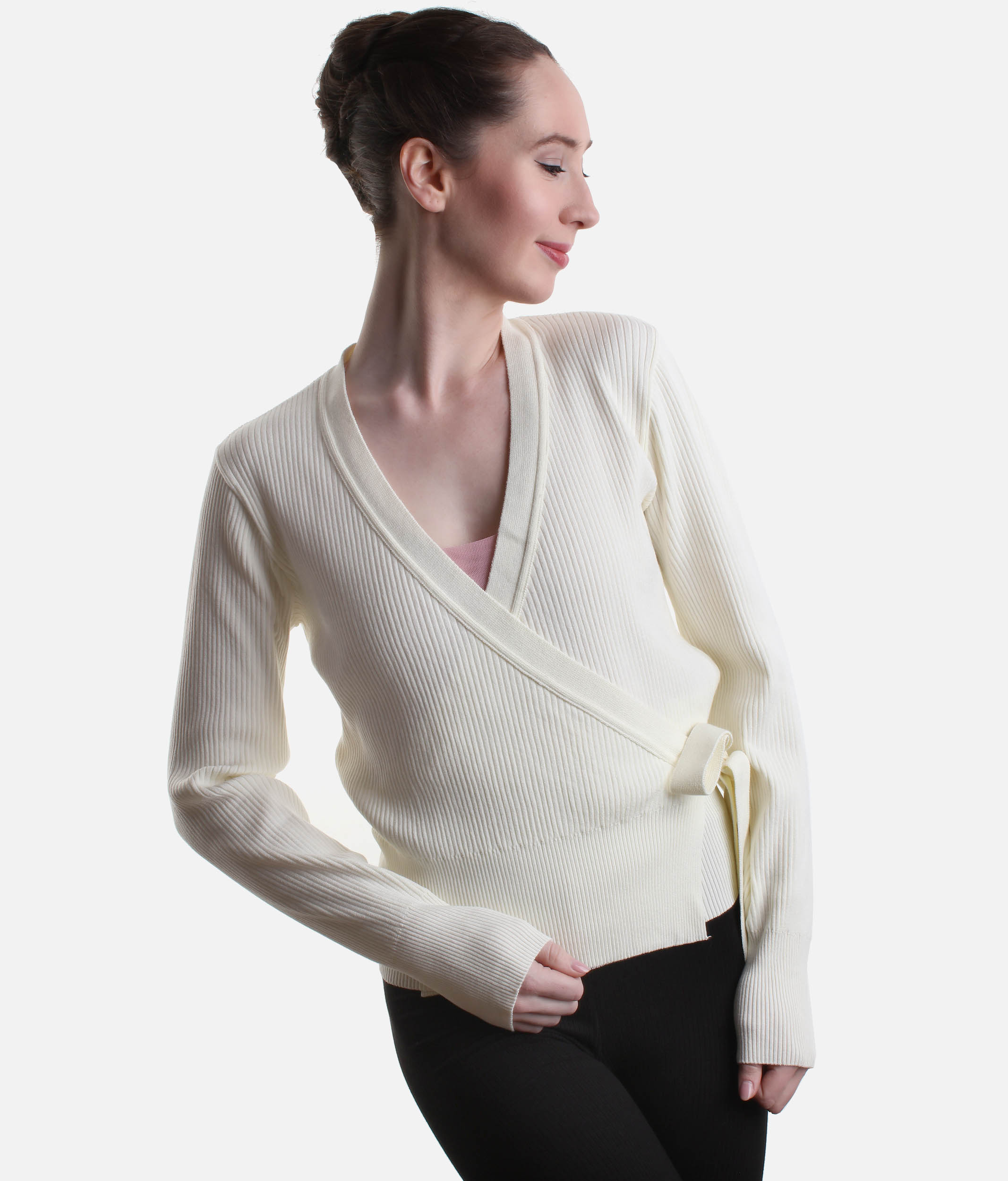 Elegant Rib Knit Ballet Wrap with Balloon Sleeves - S0757