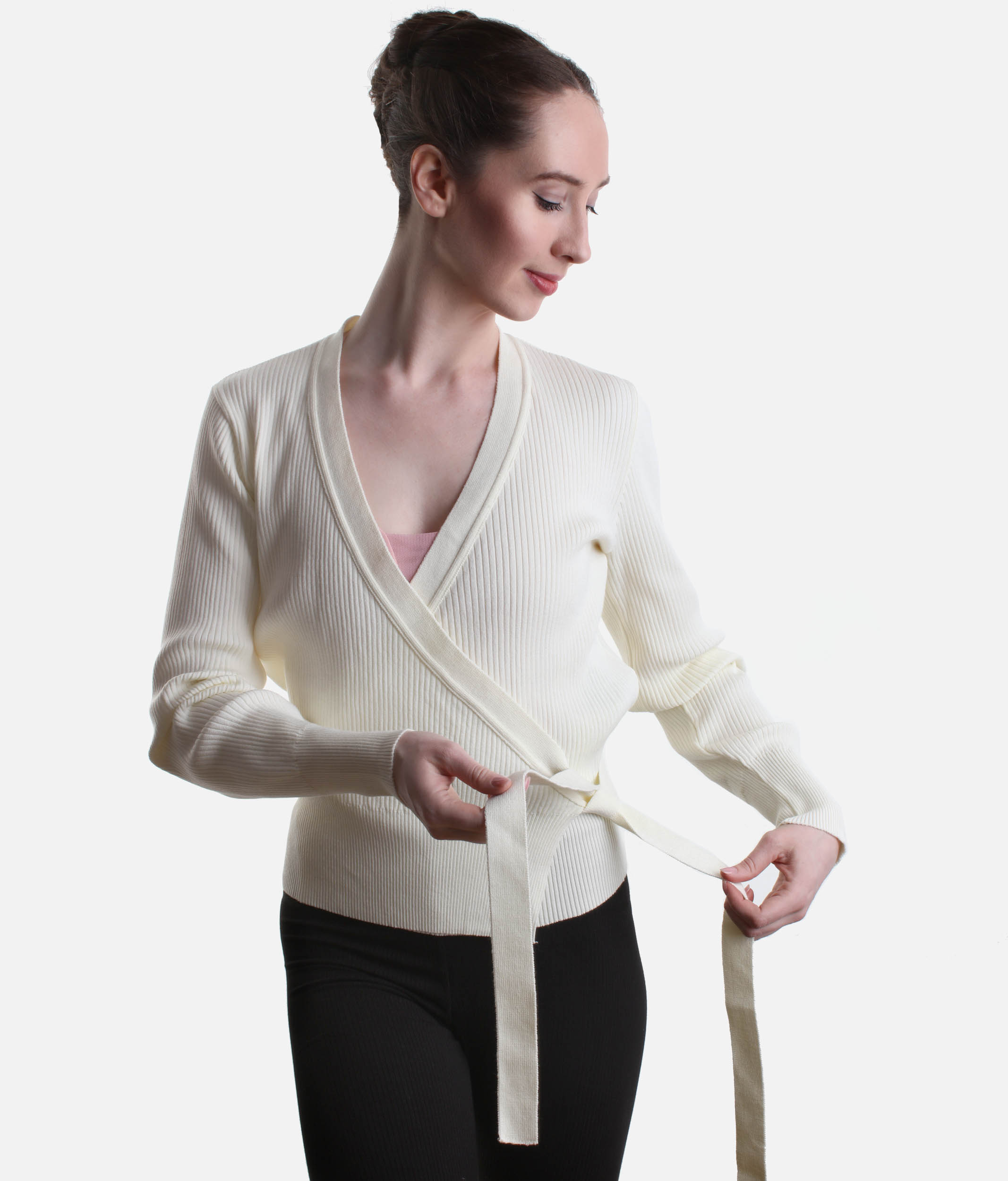 Elegant Rib Knit Ballet Wrap with Balloon Sleeves - S0757