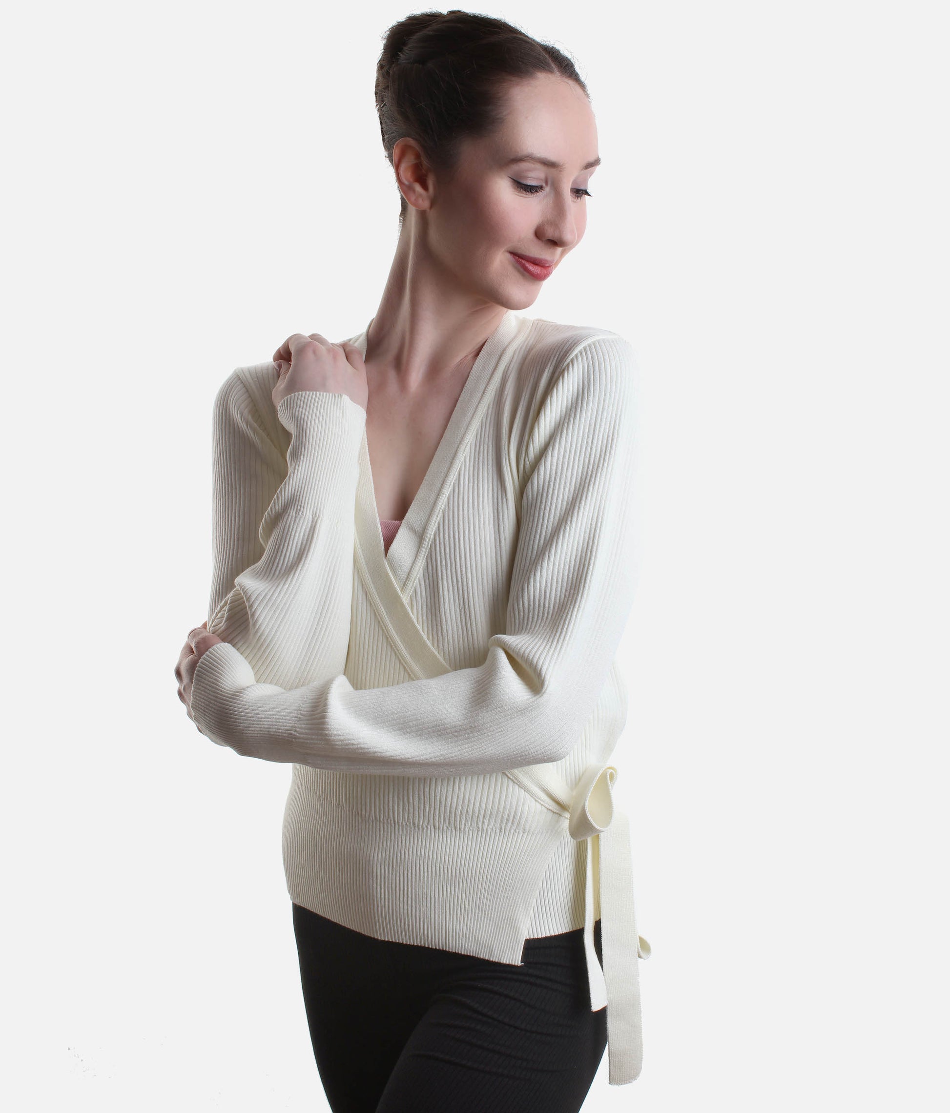 Elegant Rib Knit Ballet Wrap with Balloon Sleeves - S0757