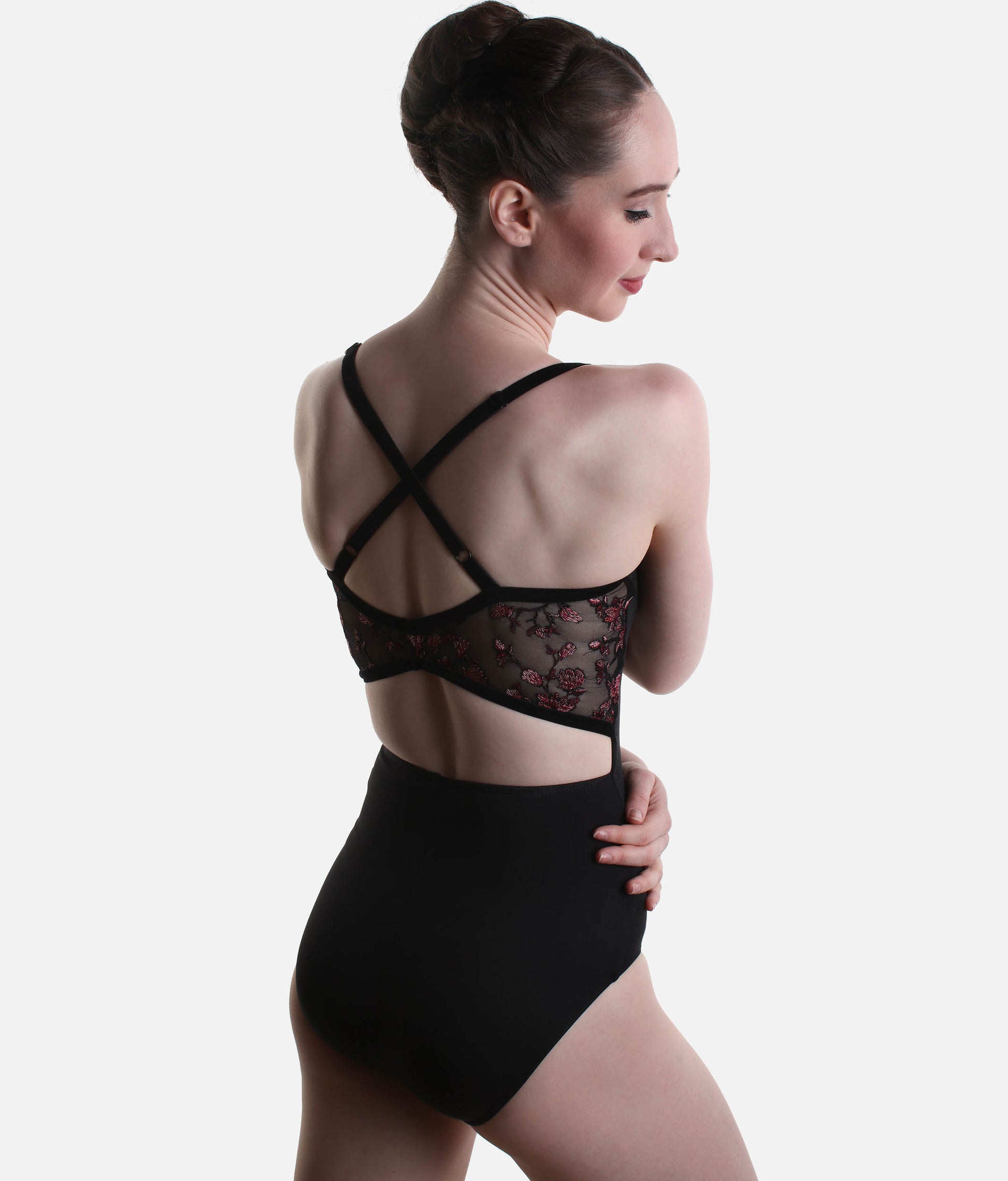 Charisma Cami Leotard with Criss Cross Back, Floral Mesh Design - 12400W