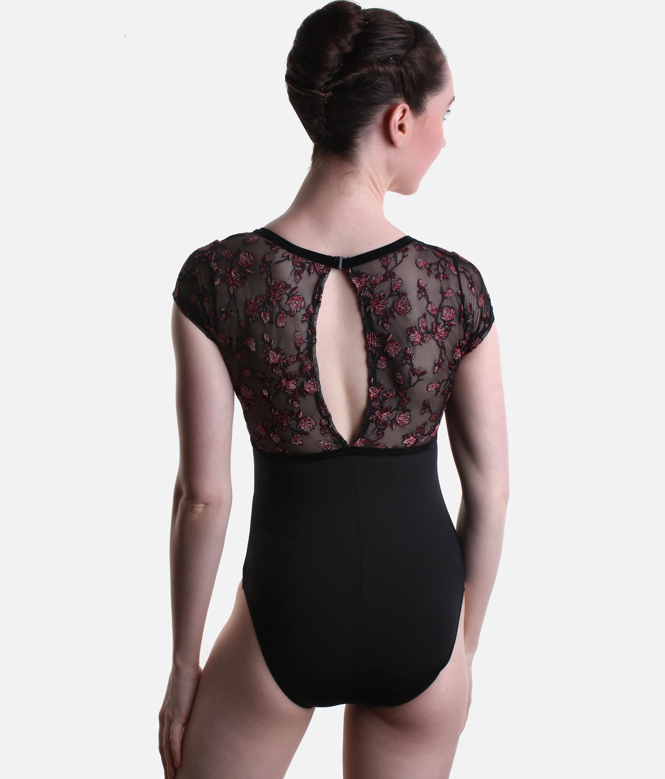 Fascination Short Sleeve Leotard, Deep V Neck & Floral Mesh Back - 12402W