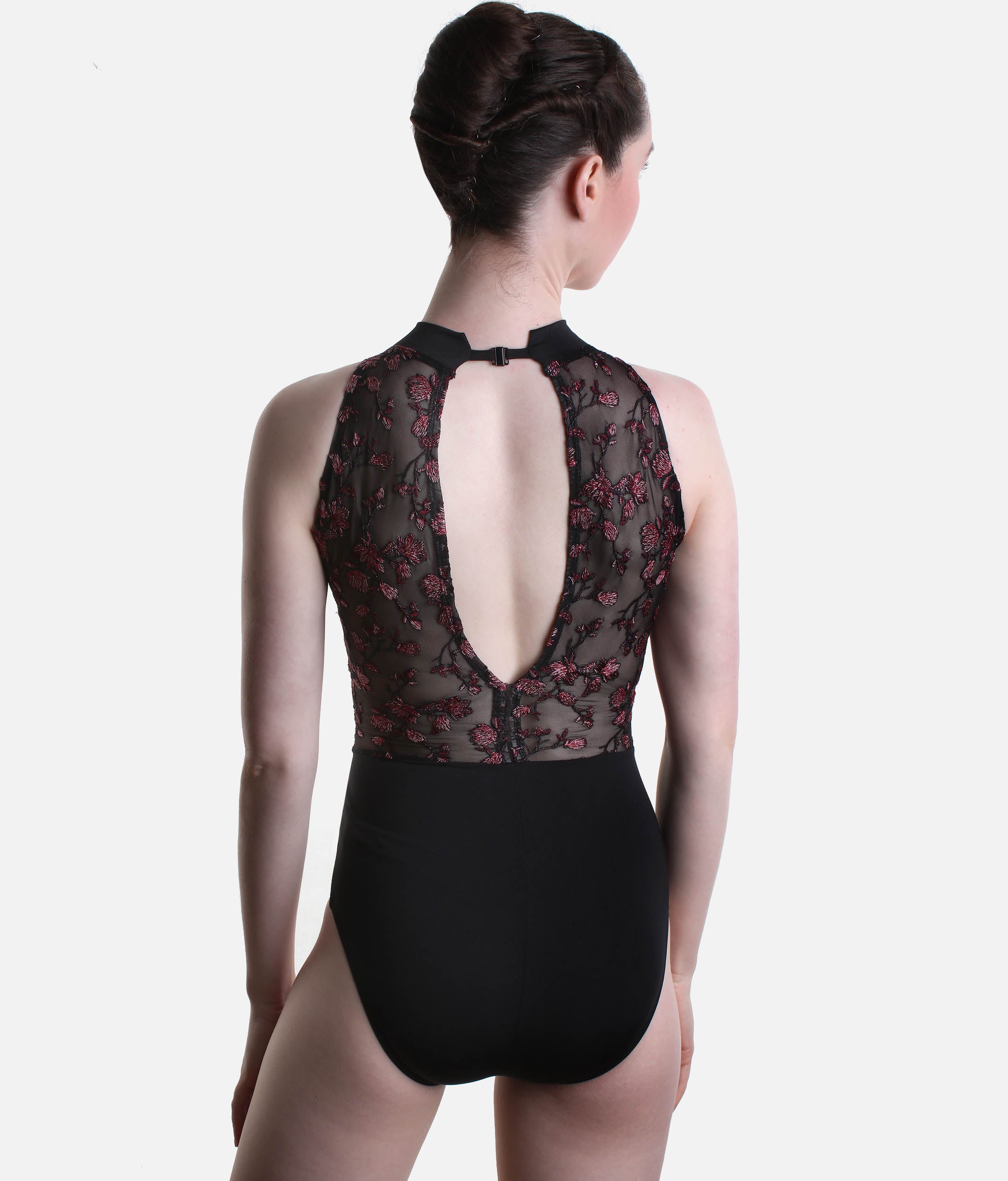 Embellish High Neck Leotard with Floral Embroidered Mesh Back - 12403W