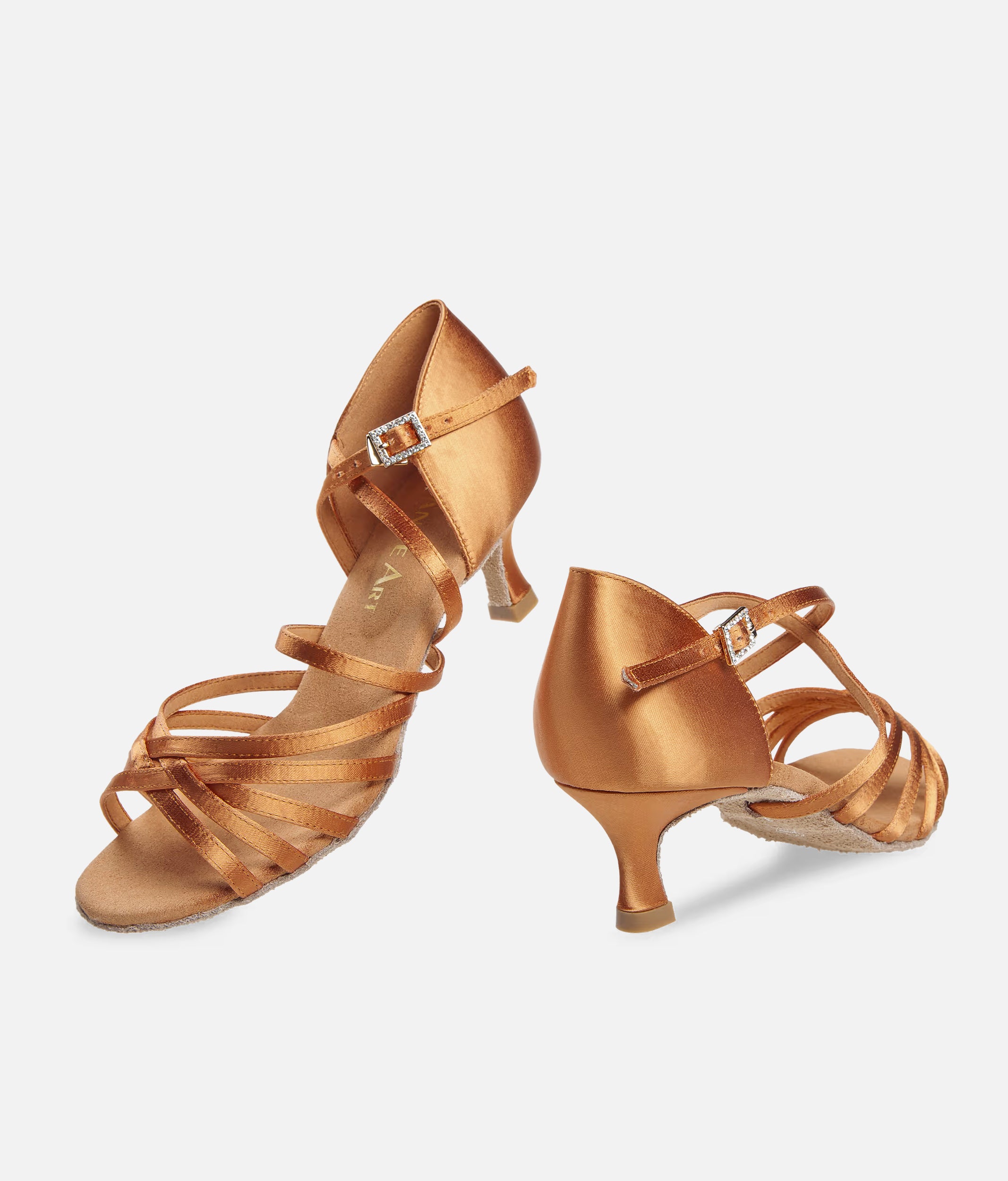 DanceArt Ladies Latin Competition Dance Shoes, 5cm Flare Heel Dark Tan Satin - 217