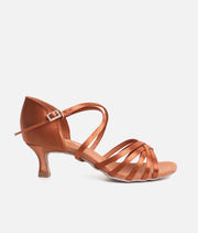 DanceArt Ladies Latin Competition Dance Shoes, 5cm Flare Heel Dark Tan Satin - 217