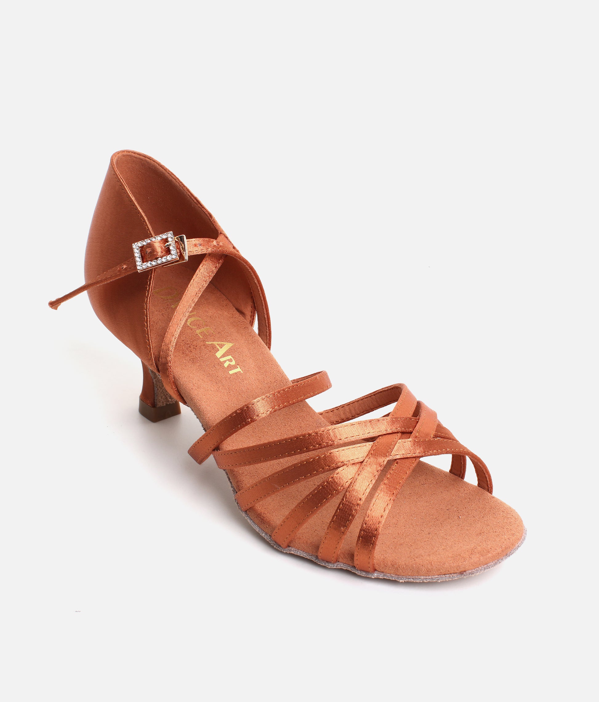 DanceArt Ladies Latin Competition Dance Shoes, 5cm Flare Heel Dark Tan Satin - 217