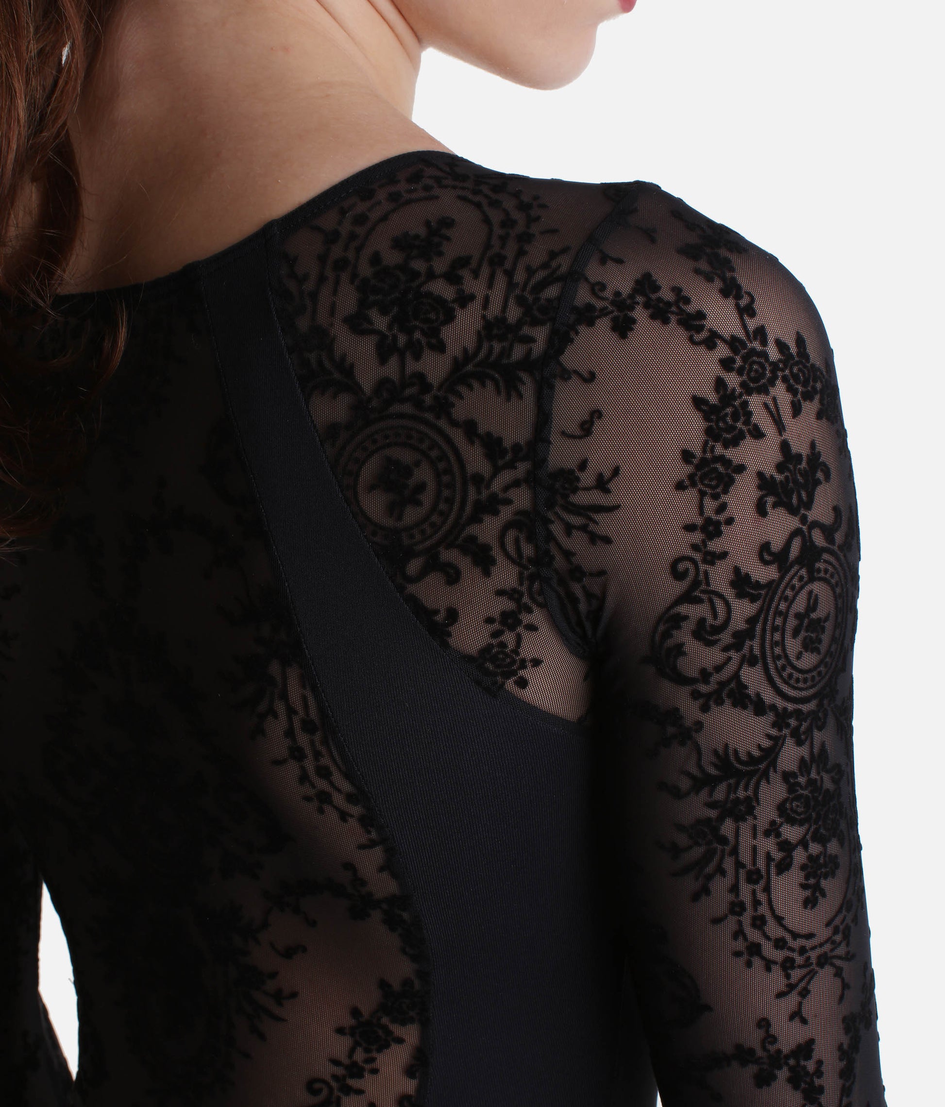 Flocked Mesh Leotard, Ruched Neck with Long Sleeves - 31588