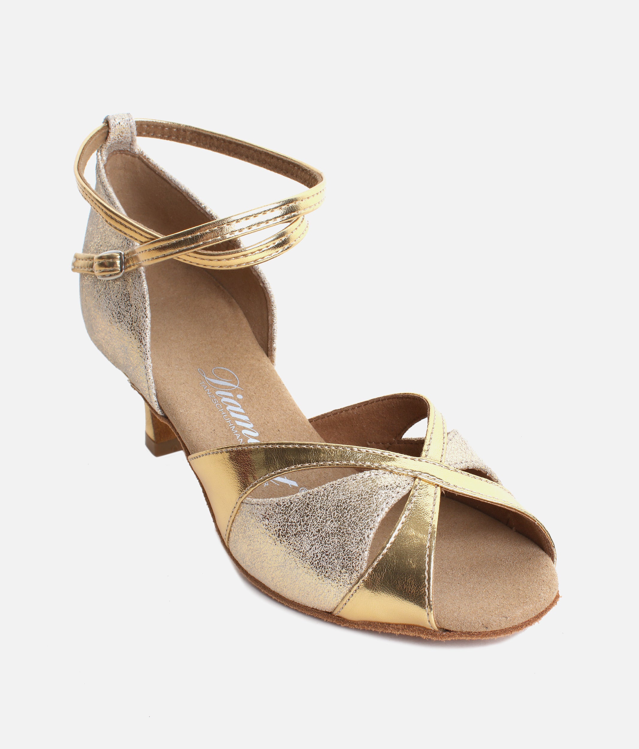 Latin Ballroom Dance Shoes, Adjustable Strap, Gold Antique Suede - 464