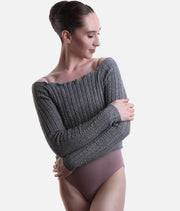 Off-the-Shoulder Cropped Long-sleeve Sweater, Soft Ribbed Knit Warm-Up Top - 6646