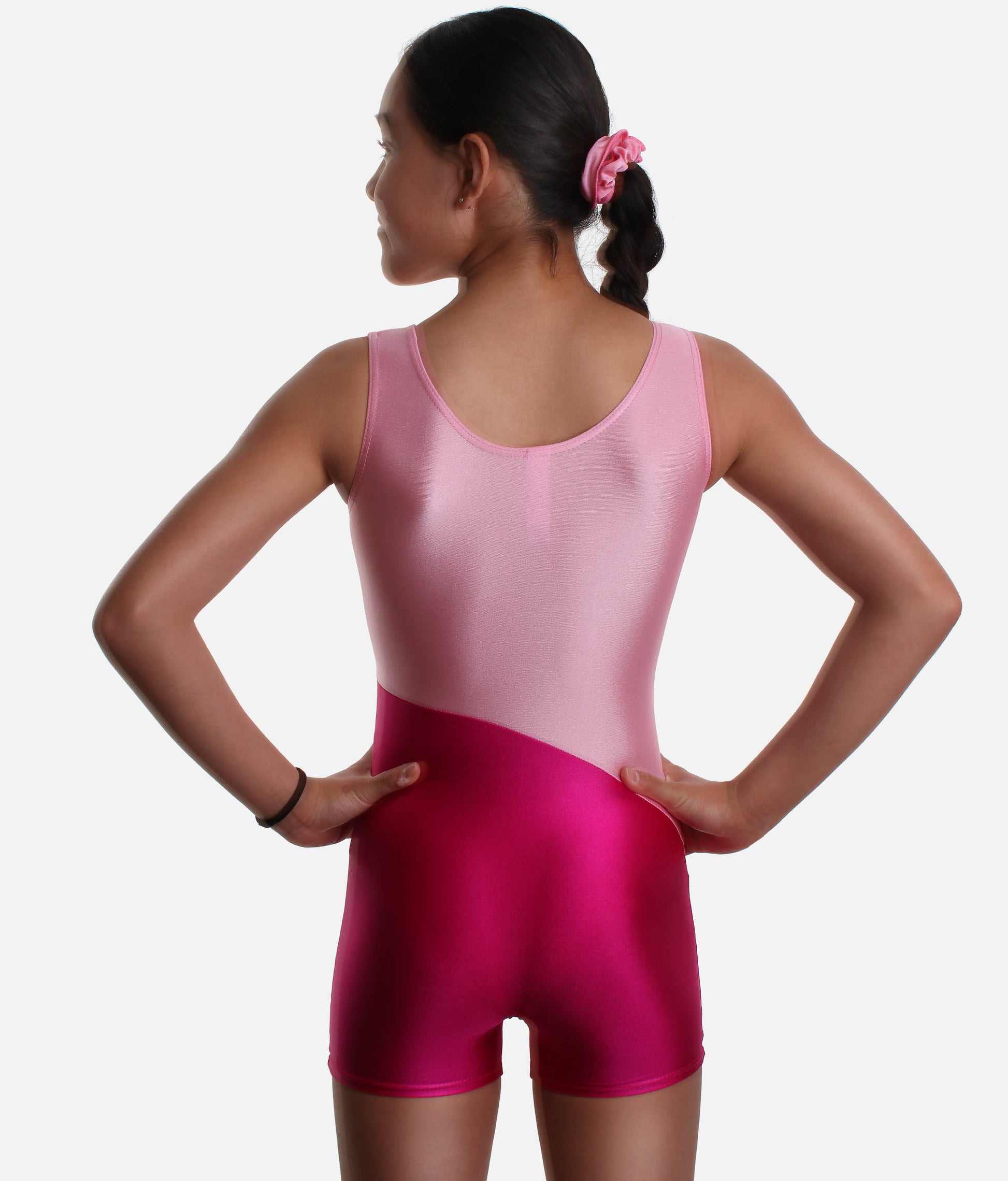 Girls Sleeveless Gymnastics Biketard, Pink Colour Burst - 7811