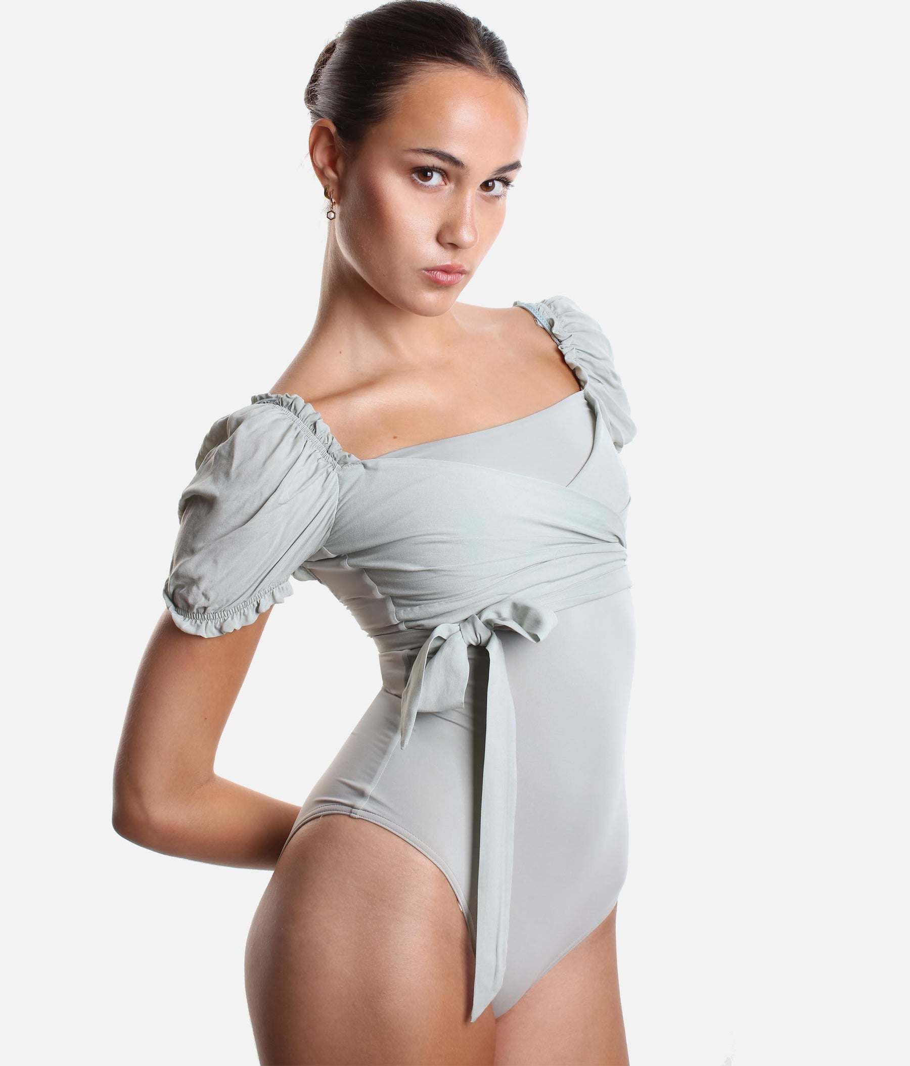 Wrap Bodysuit With Short Puff Sleeves - DIRNDL
