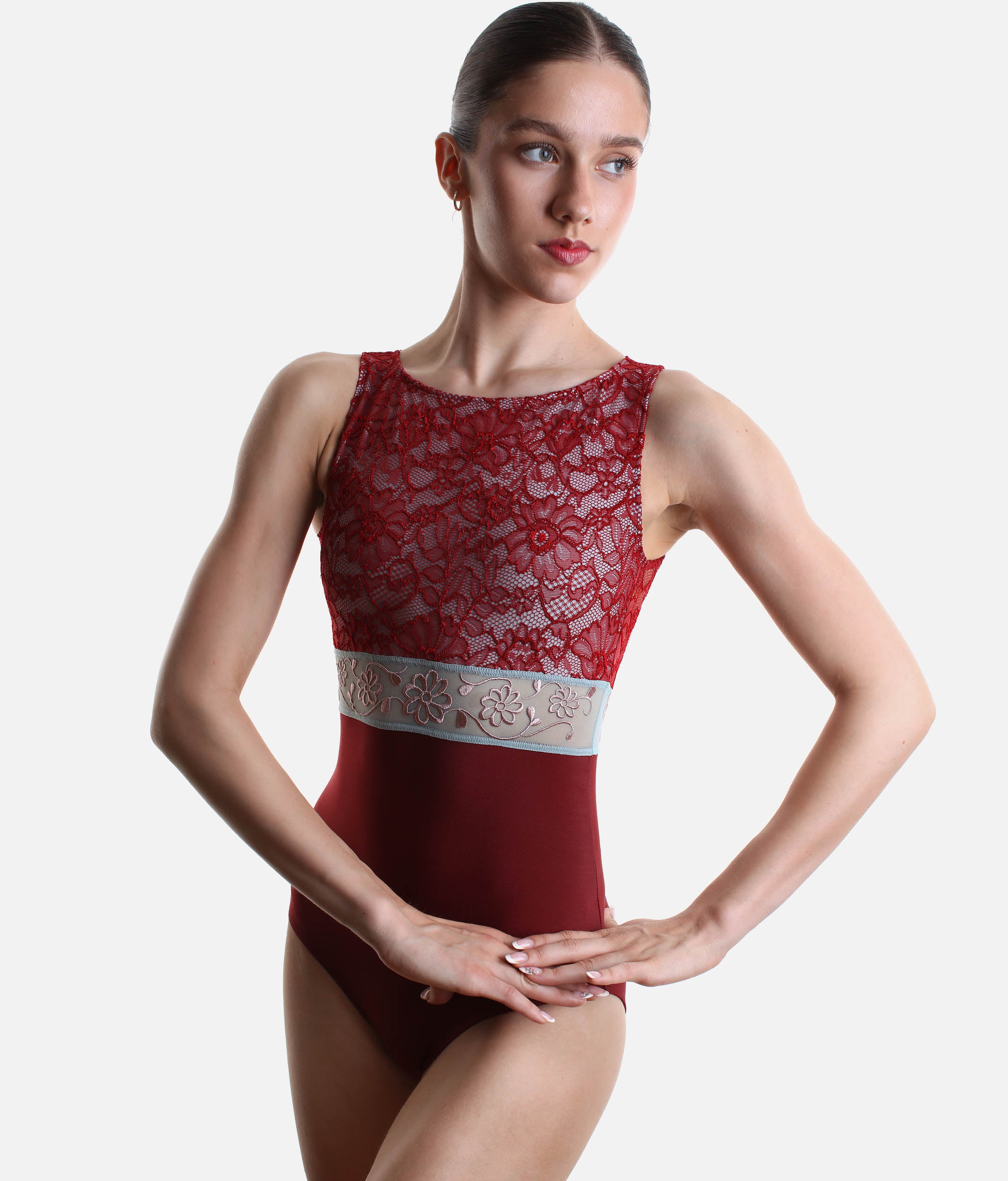Ballet Leotard with Teardrop Back & Lace Overlay - IRIS GL Bordeaux