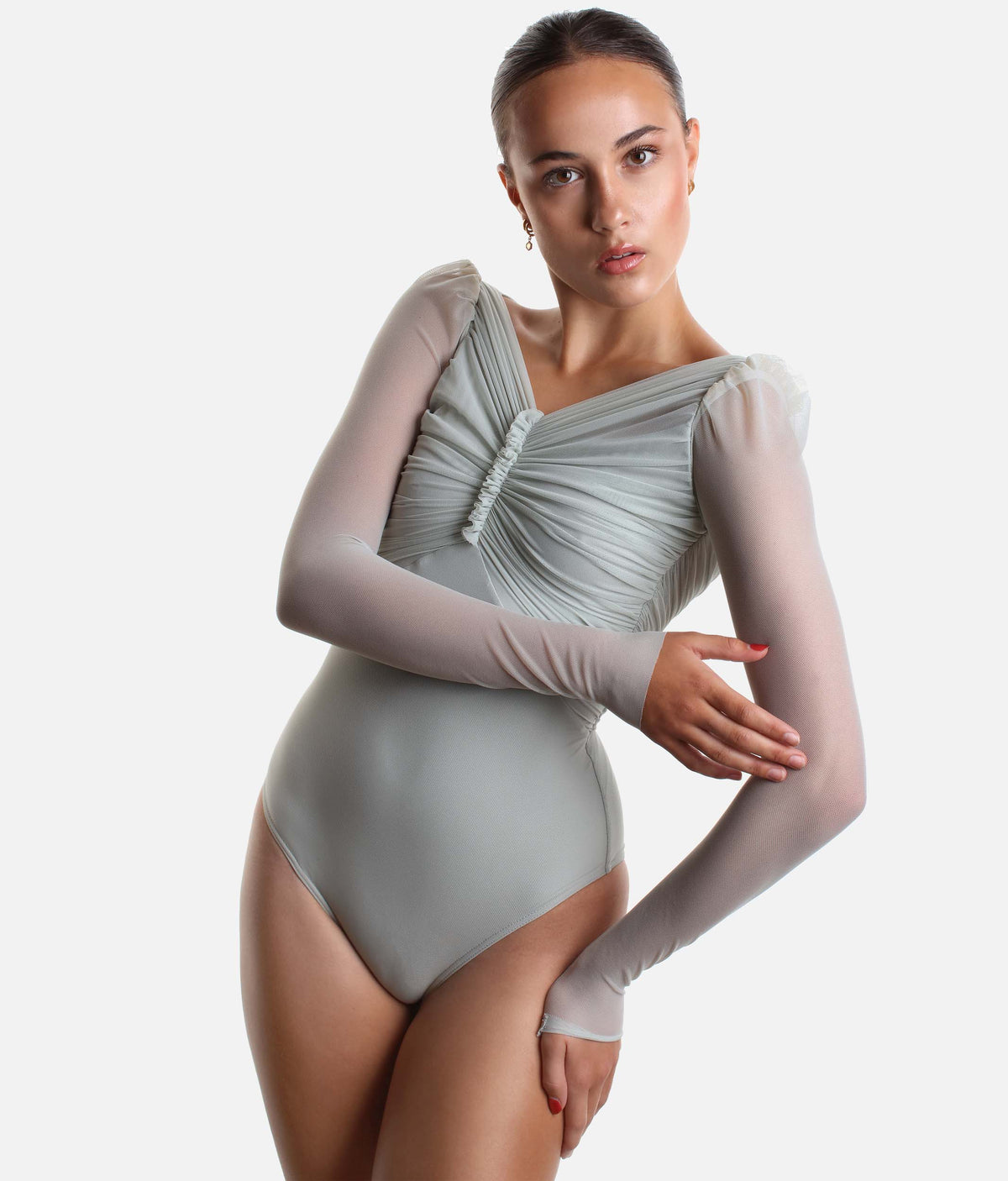 Draped Bodysuit With Long Puff Sleeves - GRES