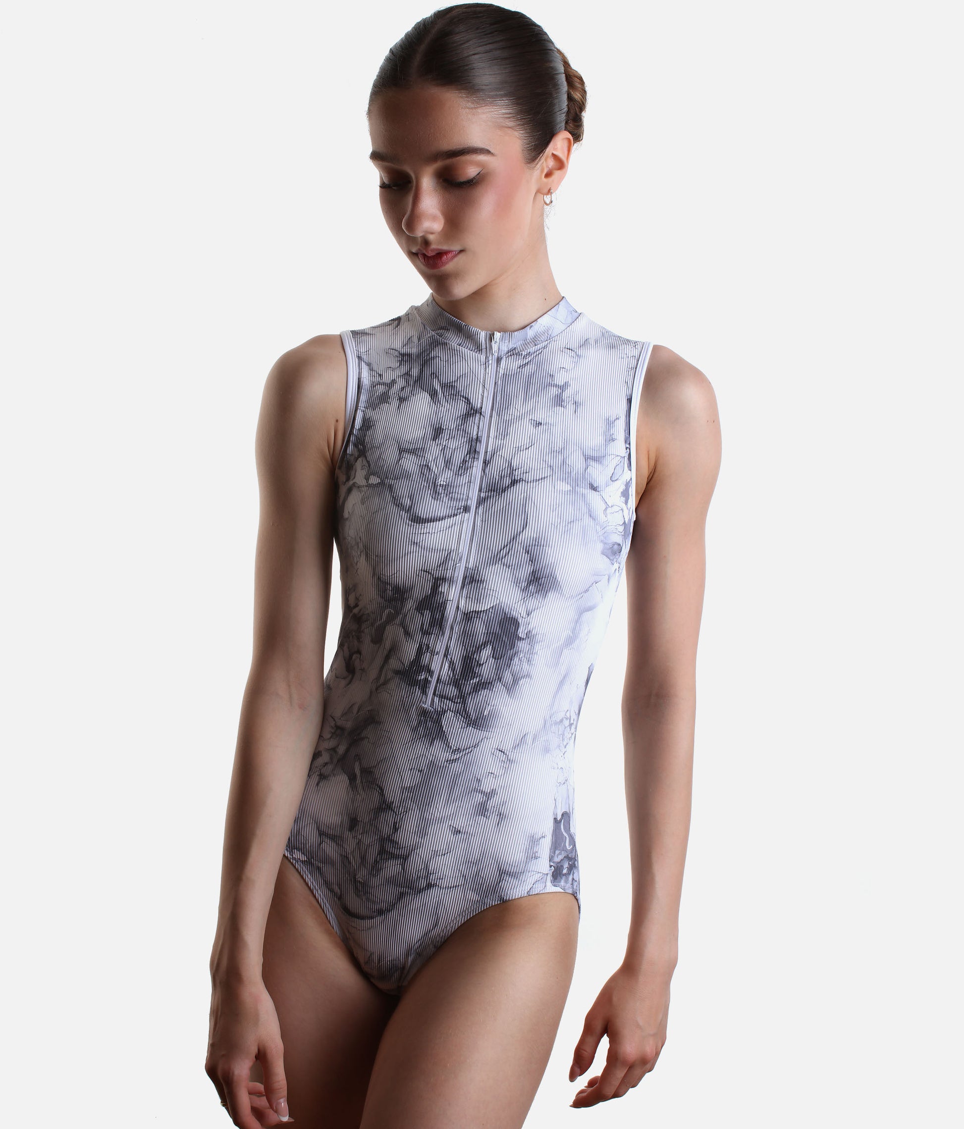 Open Back Ballet Leotard with Contemporary WHITE MARBLE Print - AURA