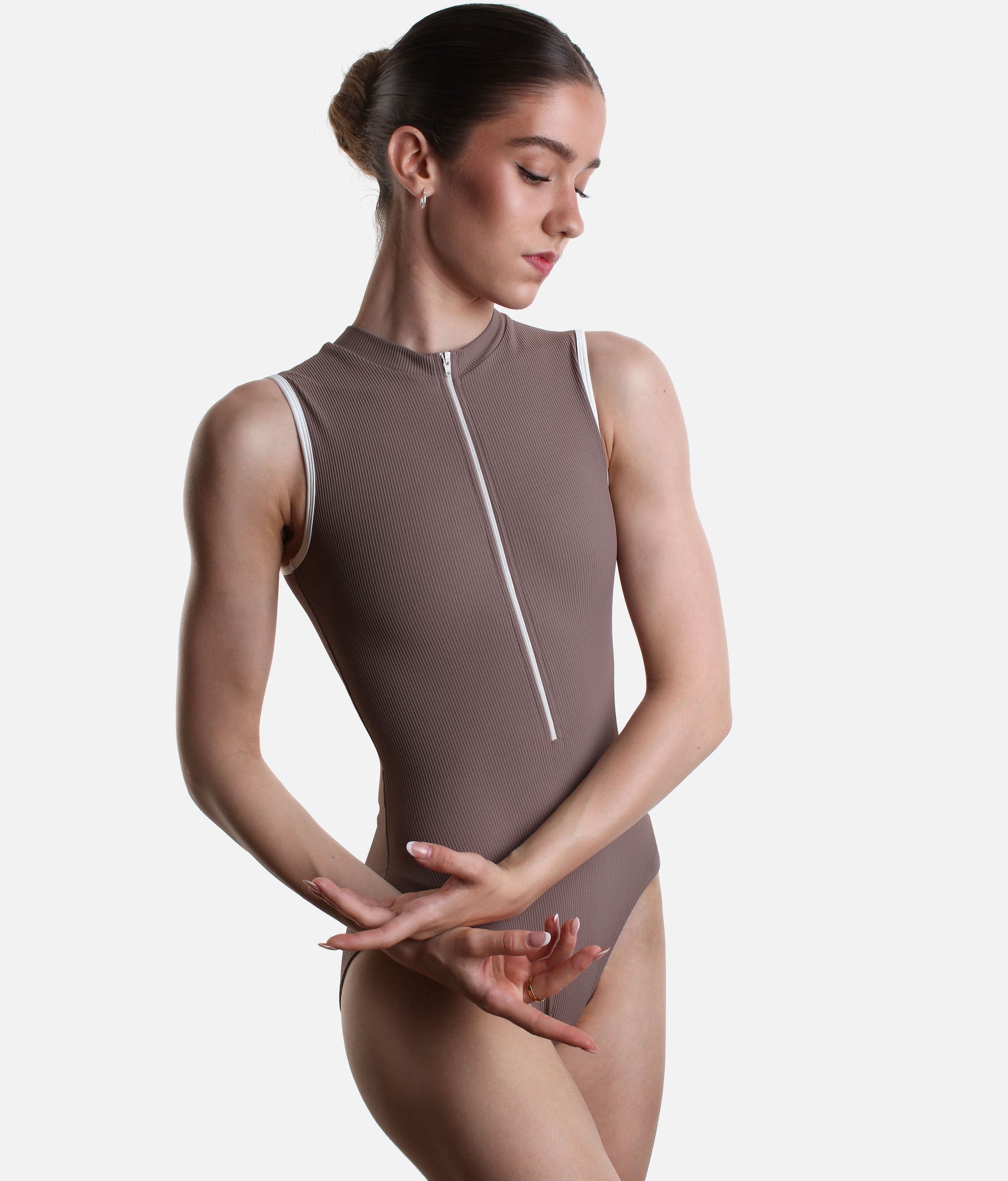 Open Back Ballet Leotard for Women, Elegant Zip Front - AURA MOCHA