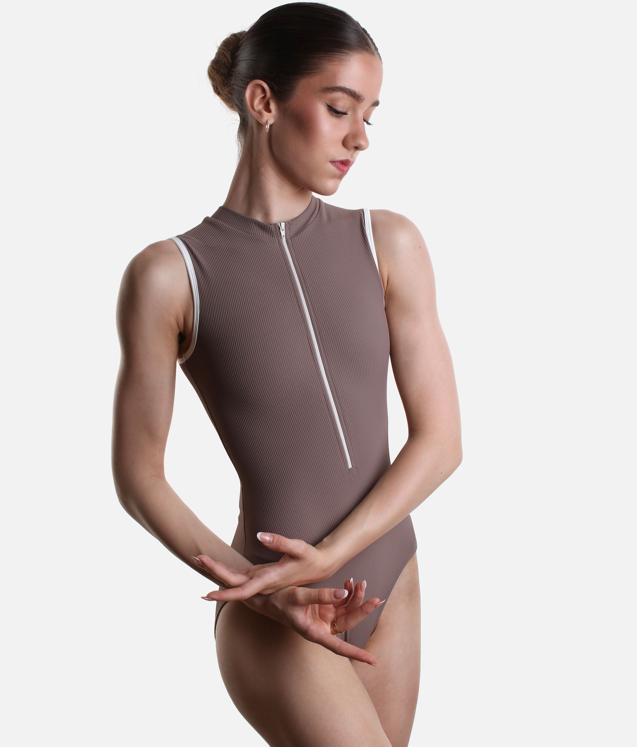 Open Back Ballet Leotard for Women, Elegant Zip Front - AURA MOCHA