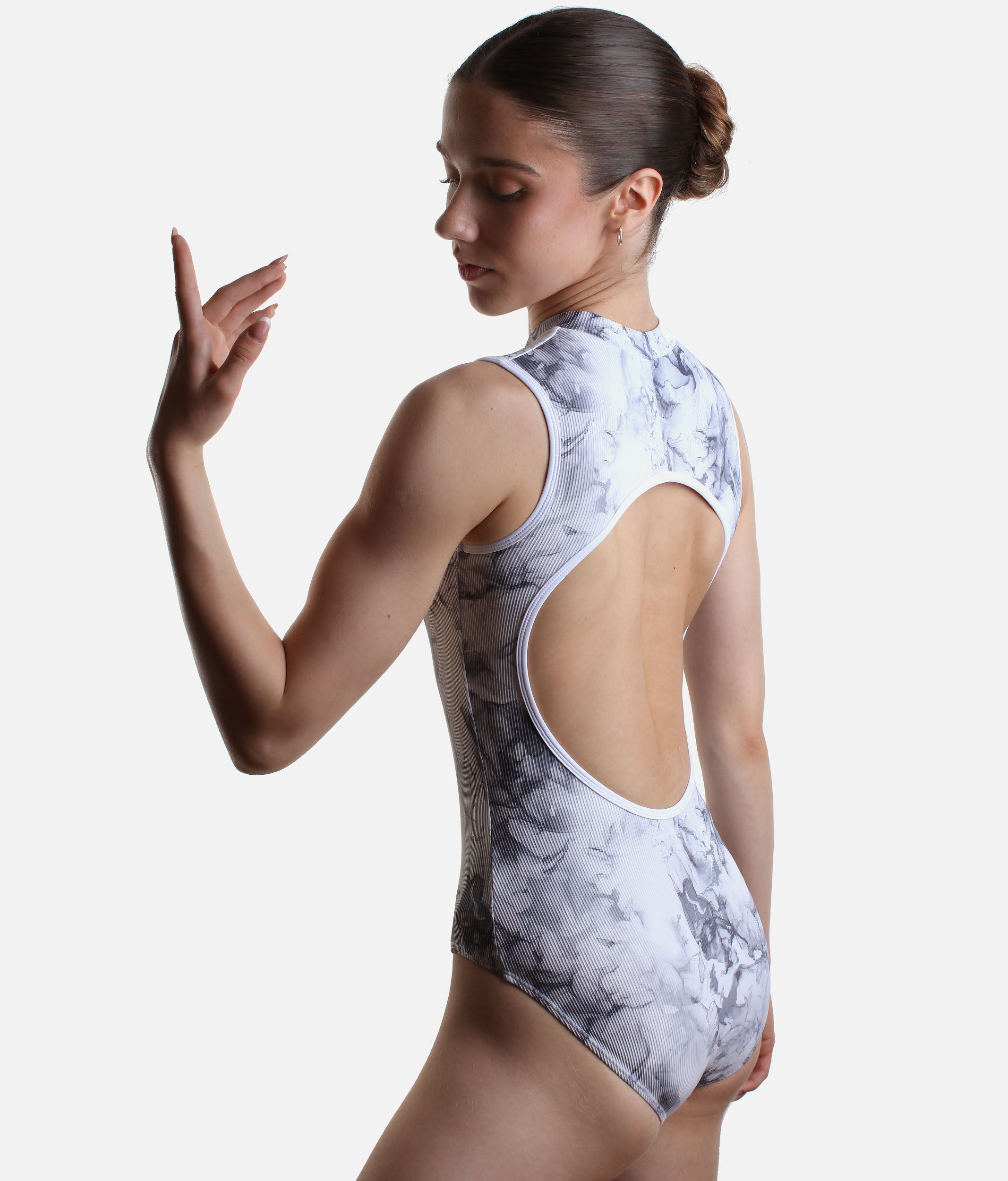 Open Back Ballet Leotard with Contemporary WHITE MARBLE Print - AURA