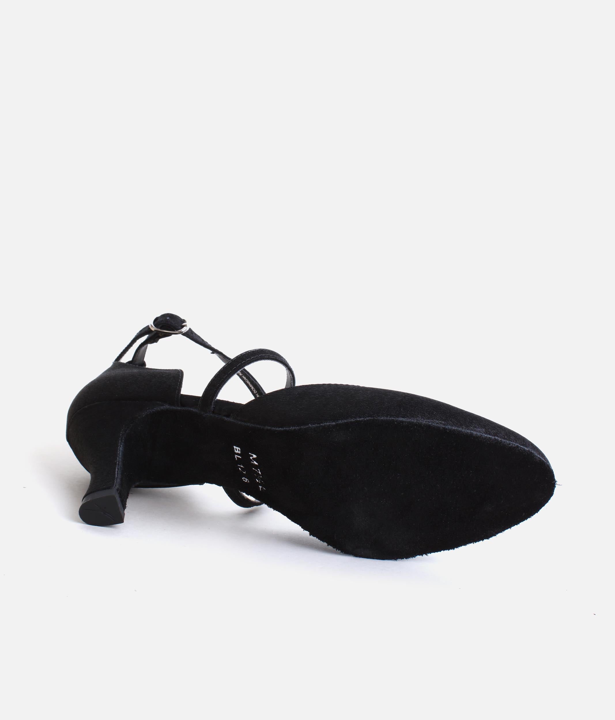 BL126 - Social Ballroom Dance Shoes, Black Satin Closed-Toe Heels with Suede Sole