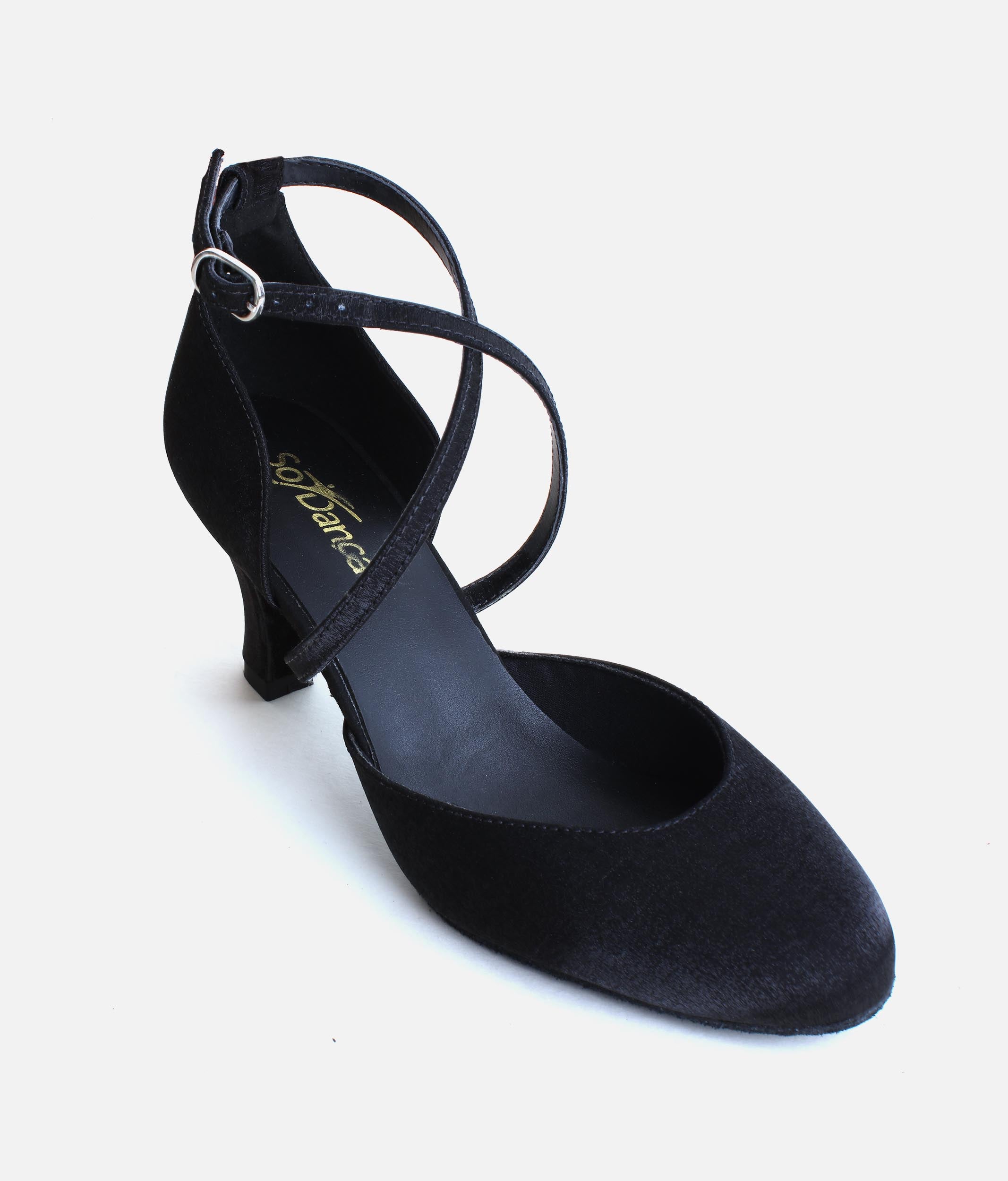 BL126 - Social Ballroom Dance Shoes, Black Satin Closed-Toe Heels with Suede Sole