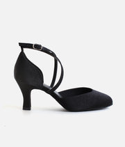 BL126 - Social Ballroom Dance Shoes, Black Satin Closed-Toe Heels with Suede Sole