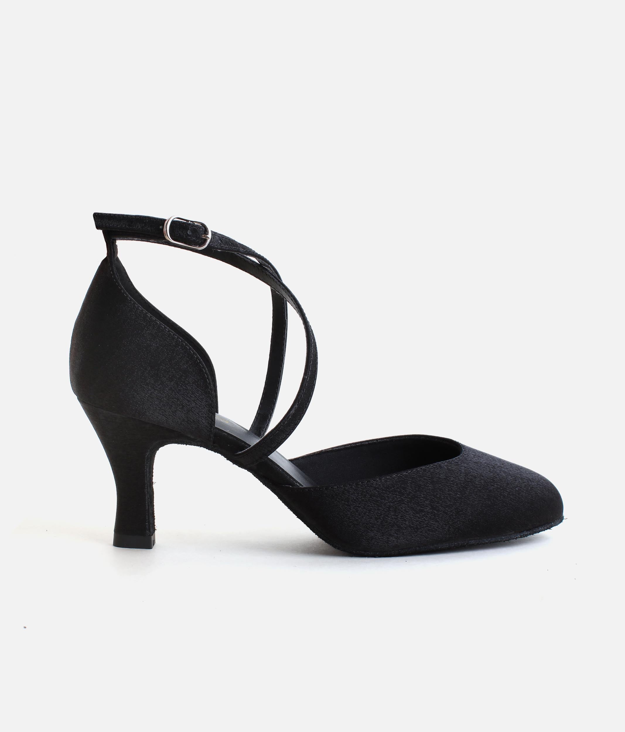 BL126 - Social Ballroom Dance Shoes, Black Satin Closed-Toe Heels with Suede Sole