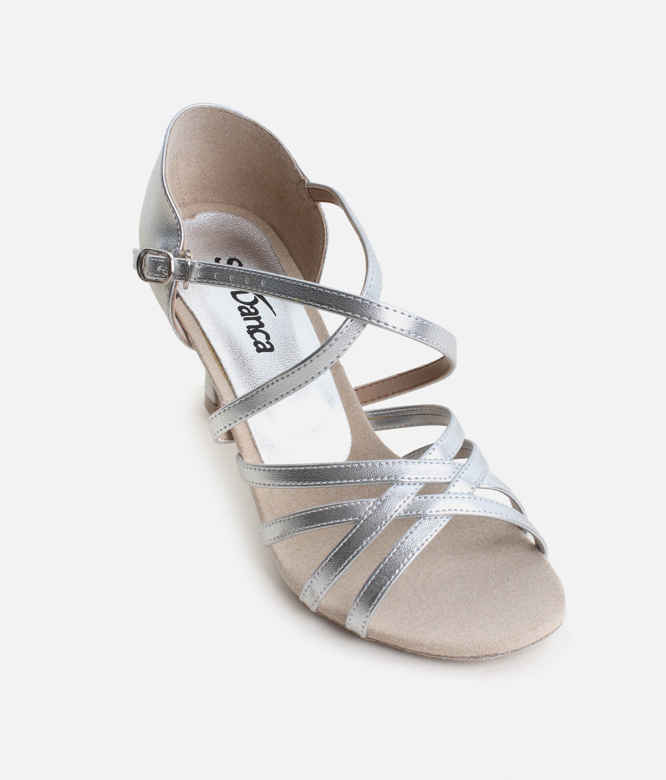 BL164 - Silver Latin Dance Sandals with Suede Sole & Flared Heels