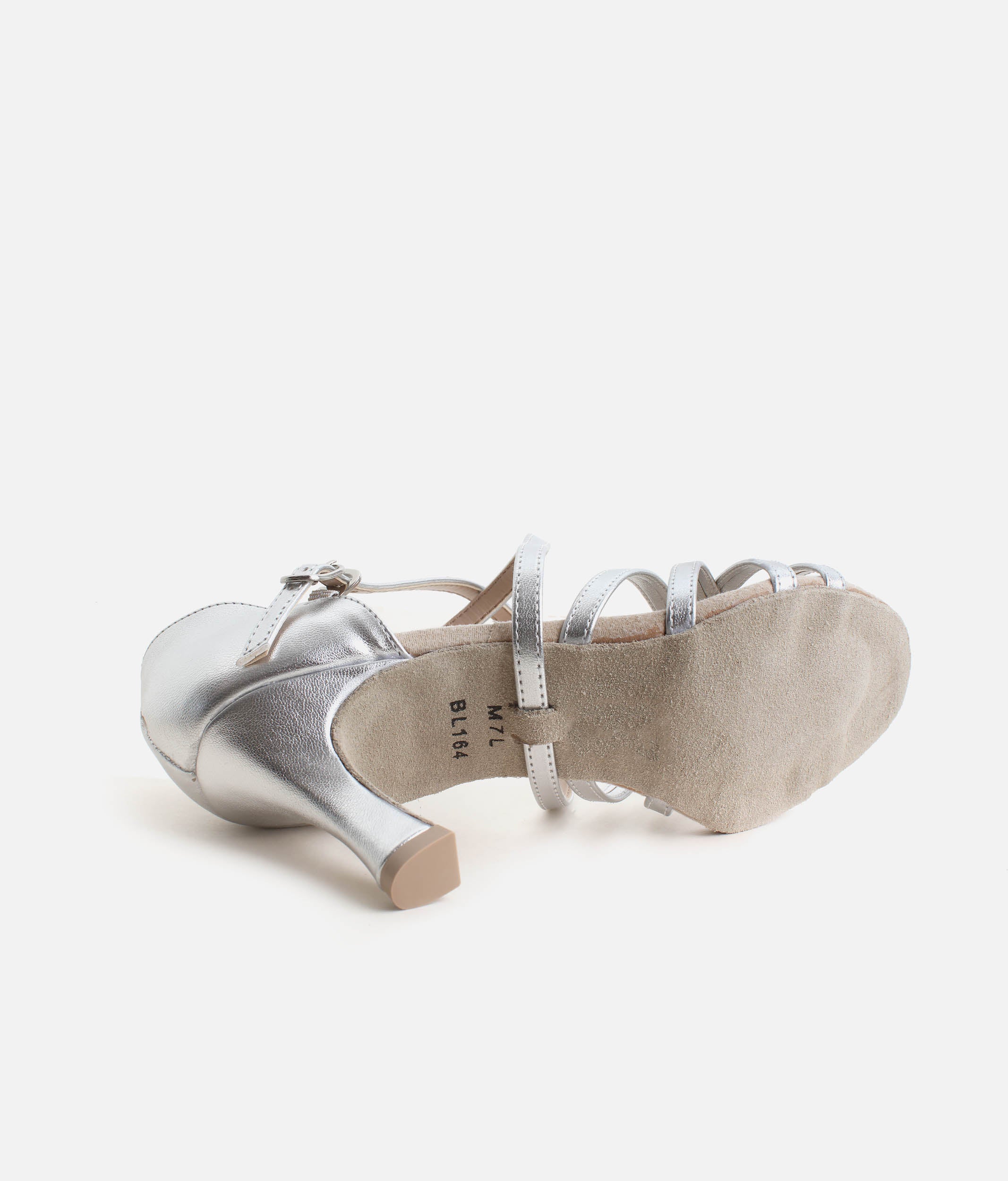 BL164 - Silver Latin Dance Sandals with Suede Sole & Flared Heels