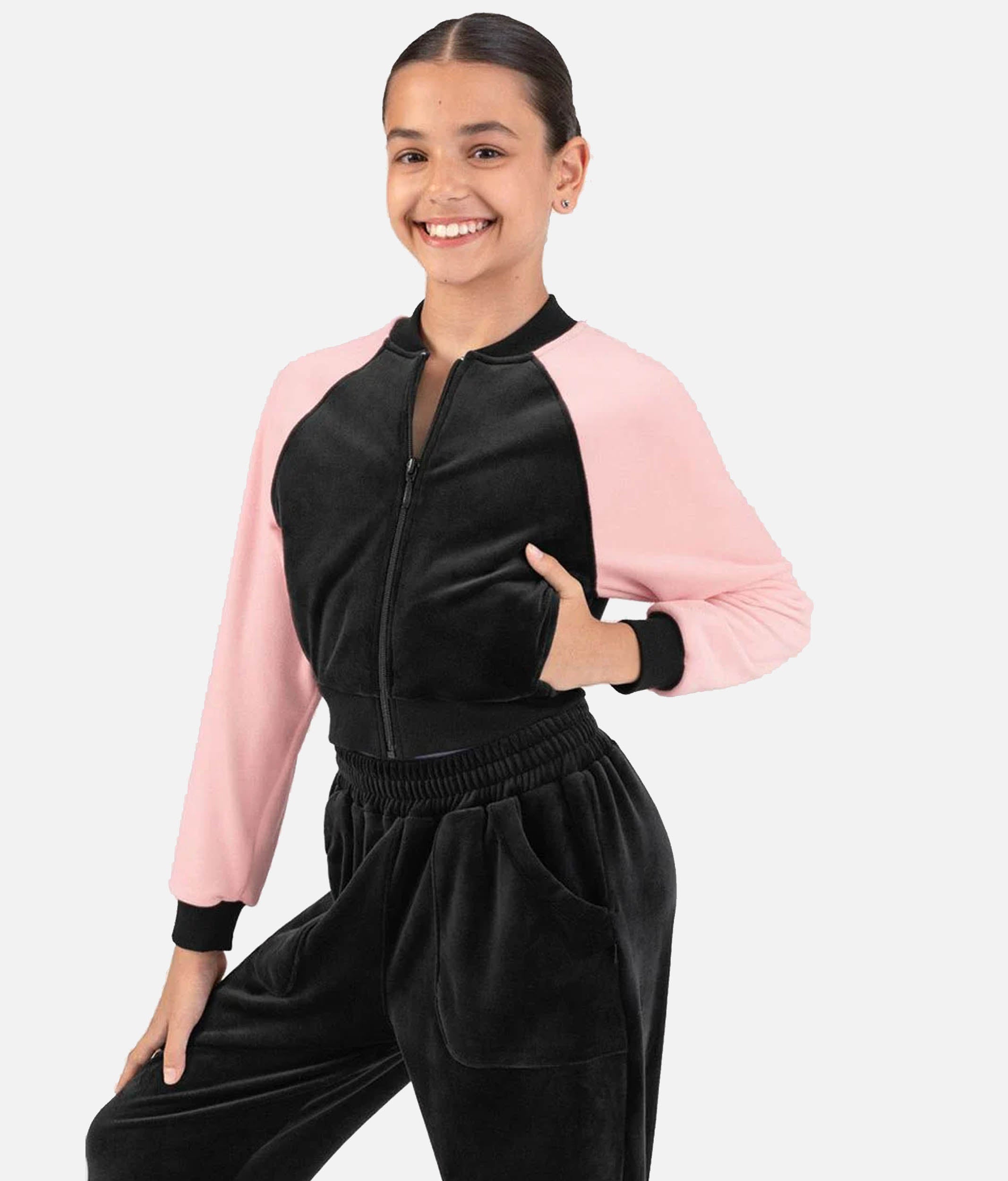 Girls Velvet Bomber Jacket, Soft Contrast Sleeve Dance Warm-Up - J13002C