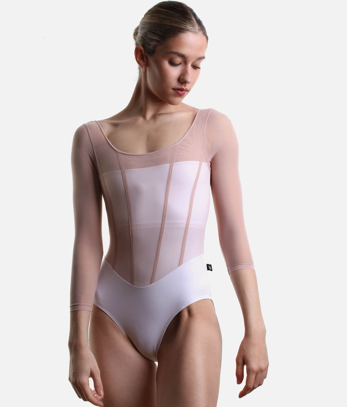 Sofia Frost Nougat Long Sleeve Ballet Leotard - White & Blush Mesh